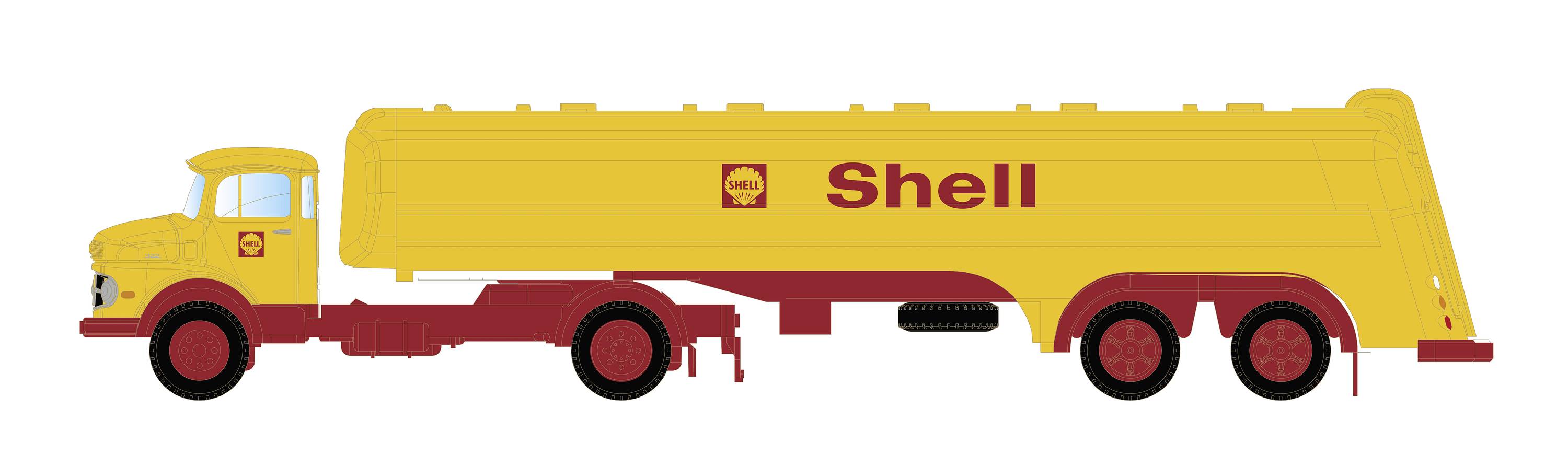 Gelber Shell-Tanklastwagen von der Seite. Der Lkw hat rote Details und das Shell-Logo auf der Seite des Tanks aufgedruckt.