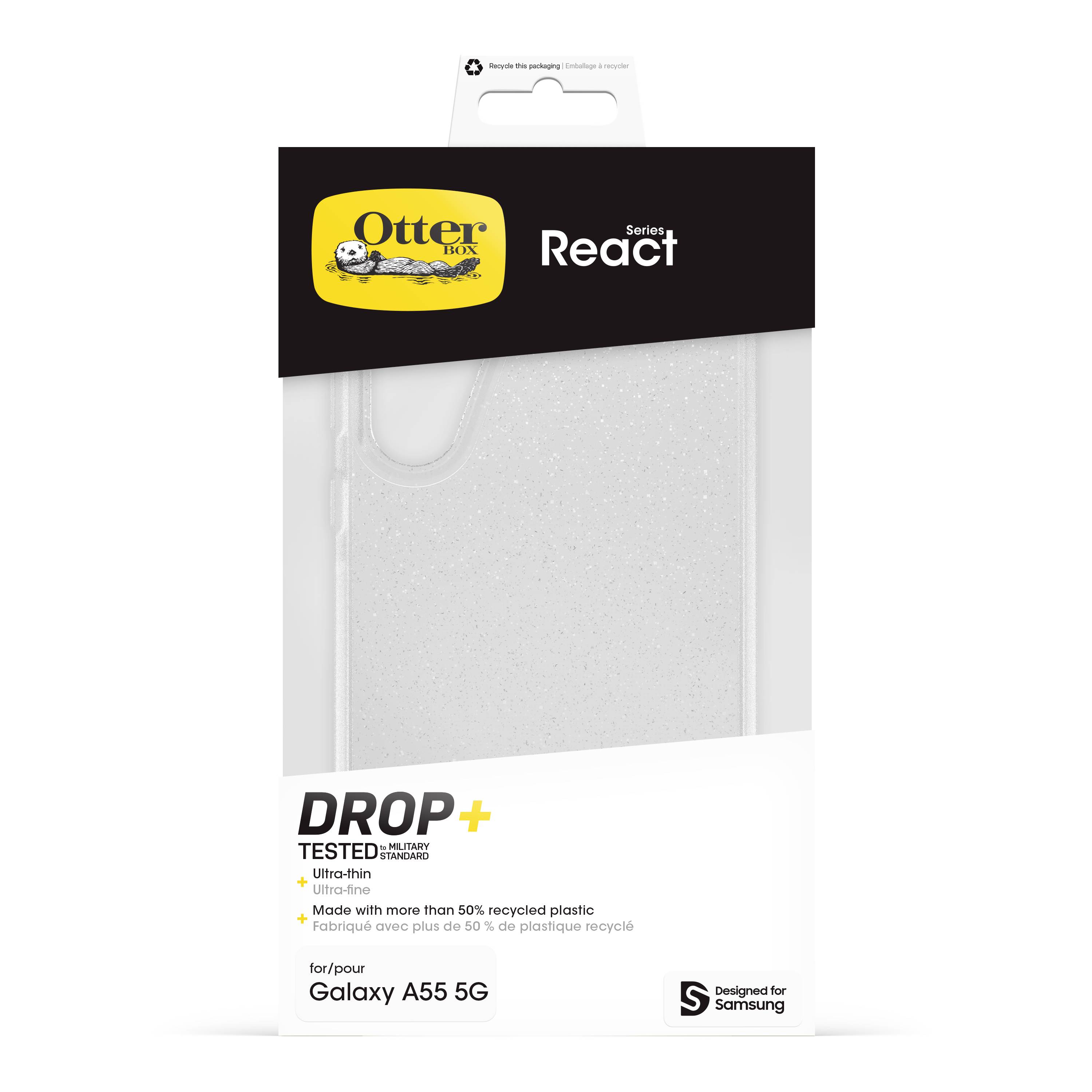 Transparente Schutzhülle von Otterbox 'React' für Galaxy A55 5G, ultradünn, über 50 % recycelter Kunststoff, stoßsicher getestet.