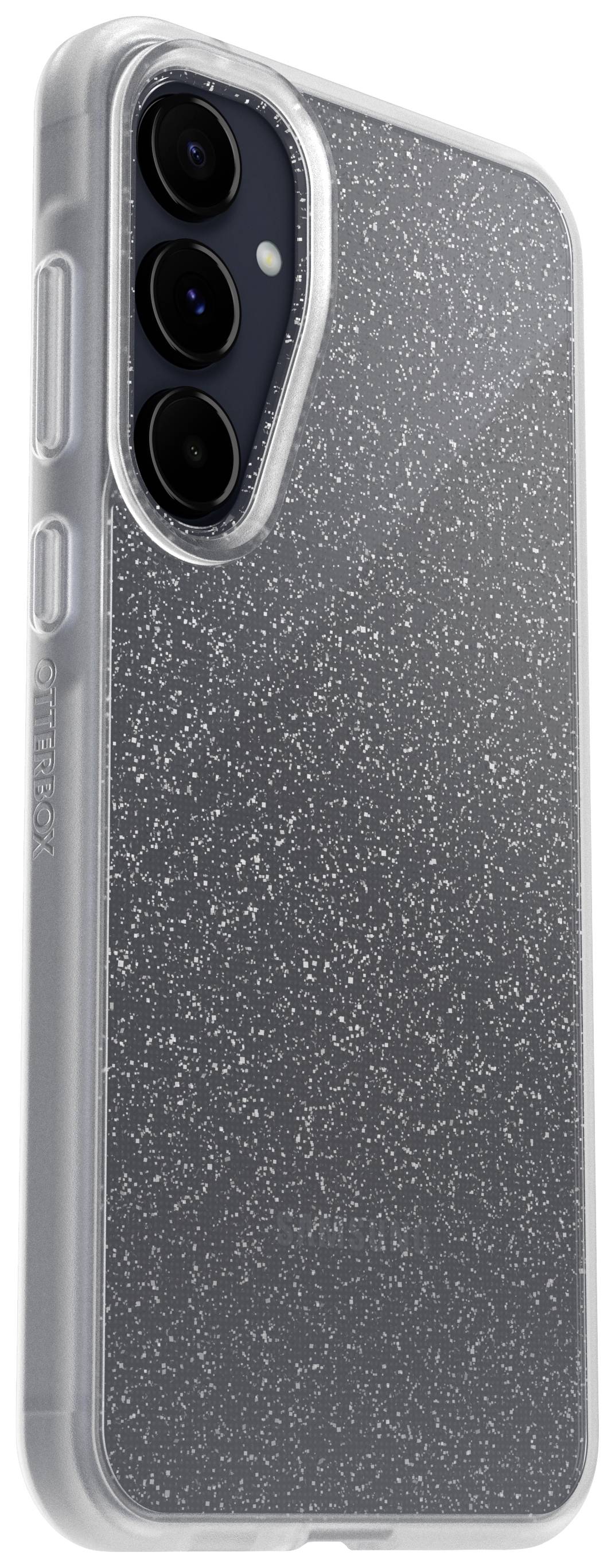 Graues Smartphone-Case mit Glitzereffekt, vertikaler Kameraausschnitt, und seitlichen Tastenöffnungen, hintere Ansicht.