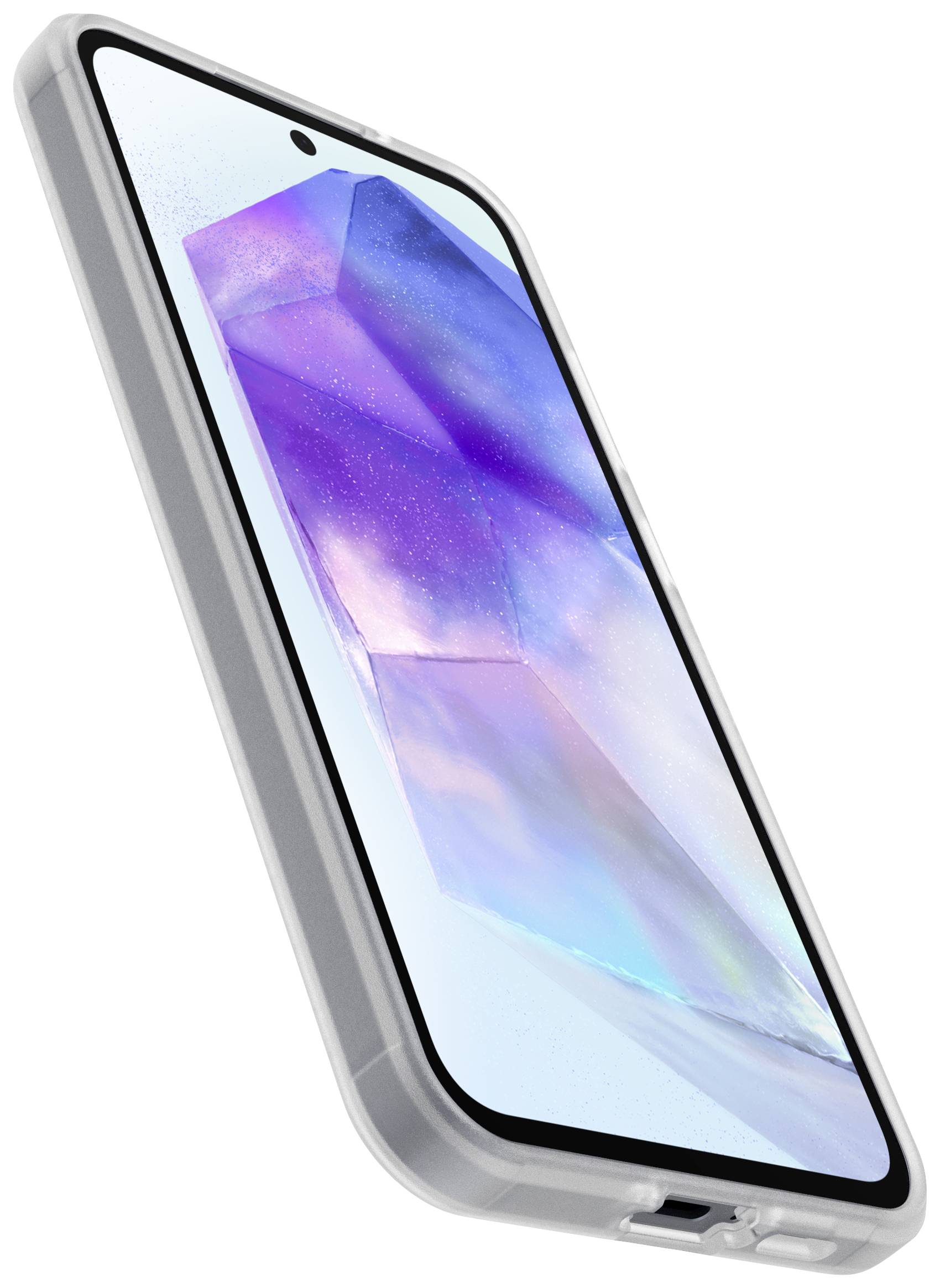 Smartphone mit schützendem Case, Bildschirm zeigt ein farbenfrohes, abstraktes Design. Gerät liegt auf der Seite, Stromanschluss sichtbar.