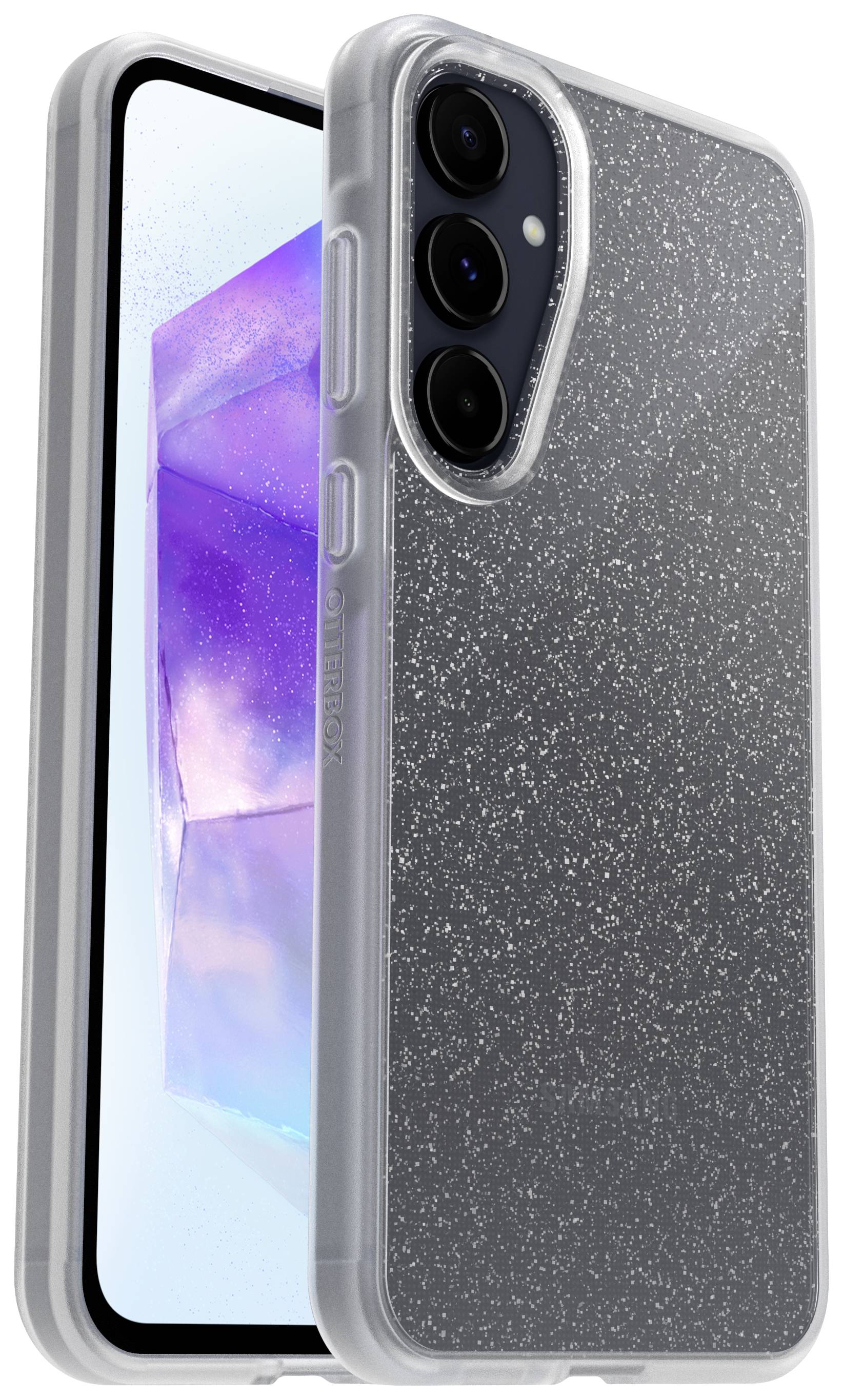 Ein Handy mit glitzernder, transparenter Schutzhülle. Der Bildschirm zeigt ein geometrisches Muster in Lila- und Blautönen.