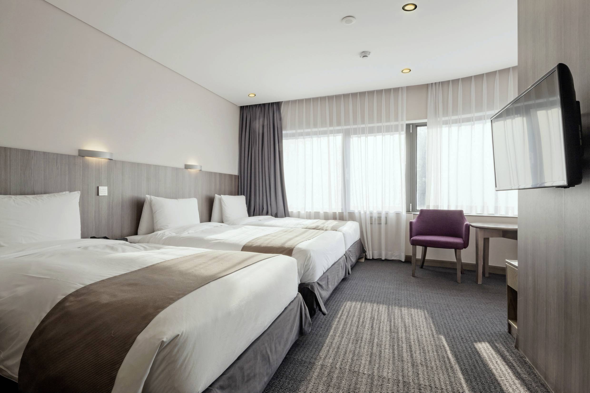 Drei Einzelbetten in einem modernen Hotelzimmer mit einem Schreibtisch und einem Fernseher an der Wand. Helle Vorhänge lassen Tageslicht ein.
