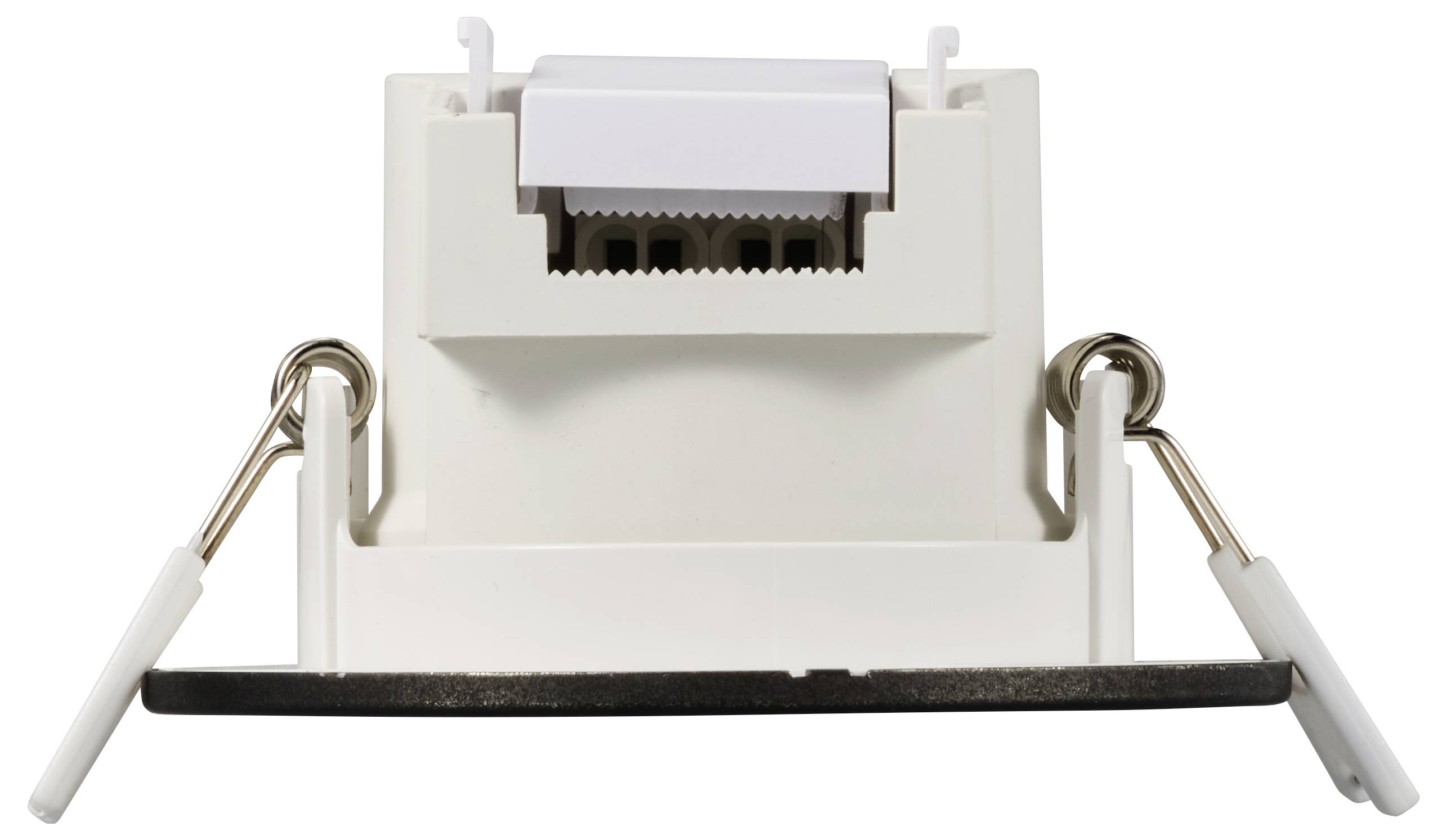 Ein Ethernet-Netzwerkanschluss in weißer Fassung, geeignet für Wandmontage. Verfügt über Metallklammern für einfache Installation.