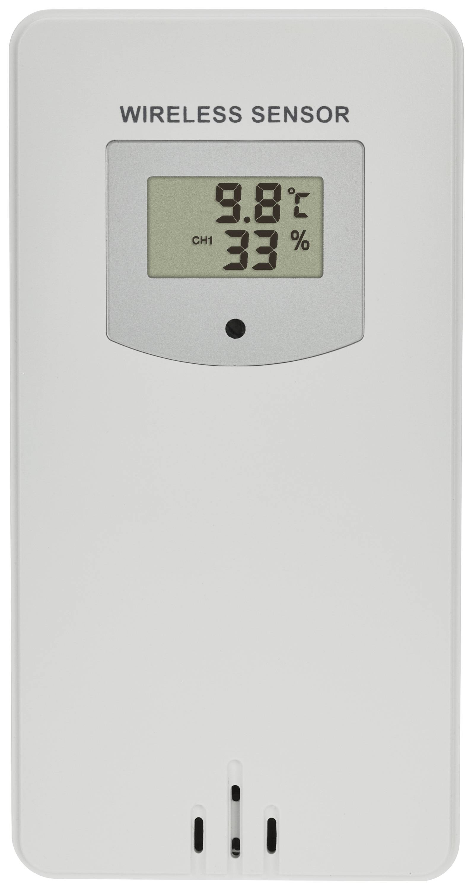 'Funk-Sensor' zeigt 9,8°C und 33% Luftfeuchtigkeit an, auf digitalem Display.