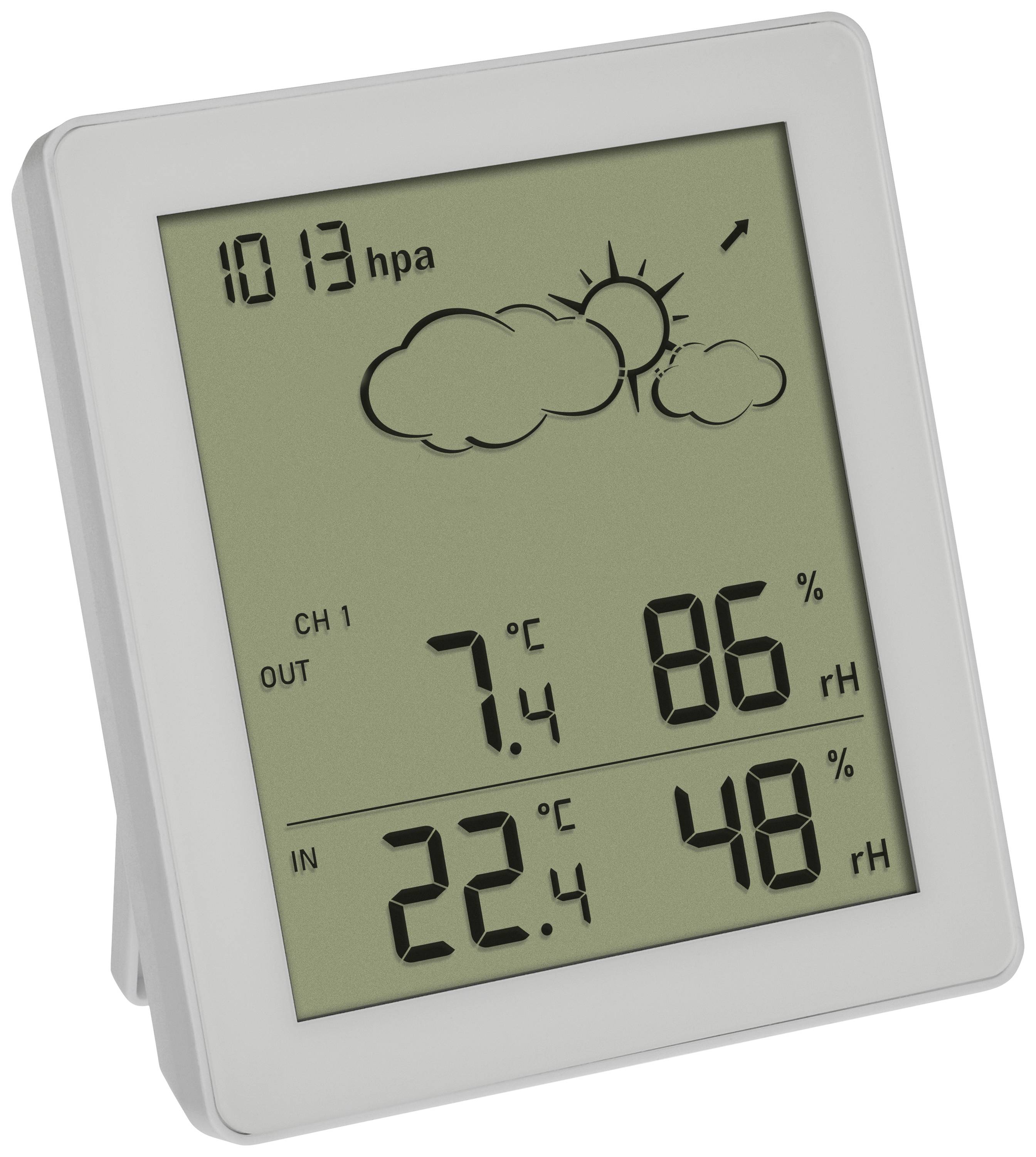 Digitalanzeige mit Wettersymbolen, Außentemperatur 7,4°C, 86% Luftfeuchtigkeit, Innentemperatur 22,4°C, 48% Luftfeuchtigkeit, 1013 hPa.