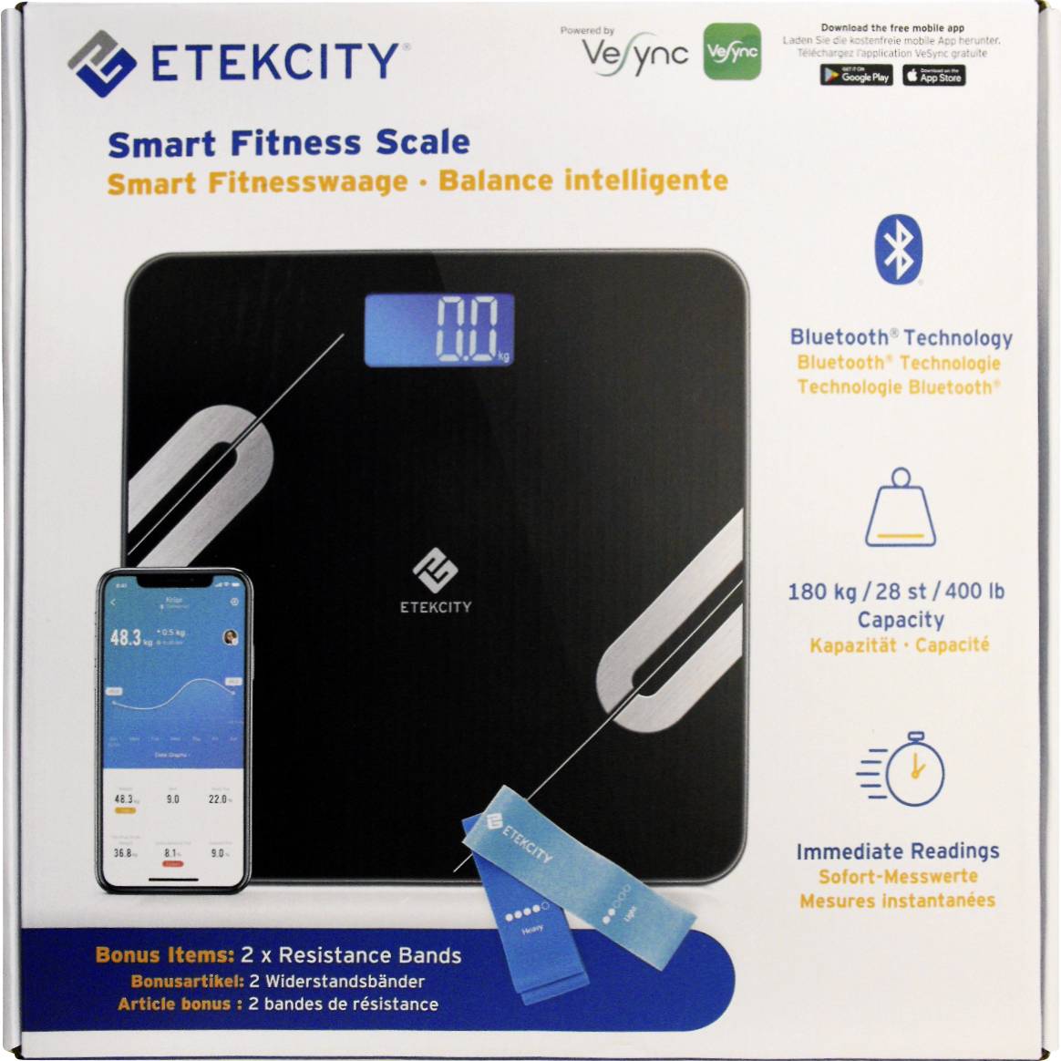 'ETEKCITY Smart Fitnesswaage', zeigt Gewicht und Körperdaten auf App, unterstützt Bluetooth, Kapazität: 180 kg, inkl. Widerstandsbänder.
