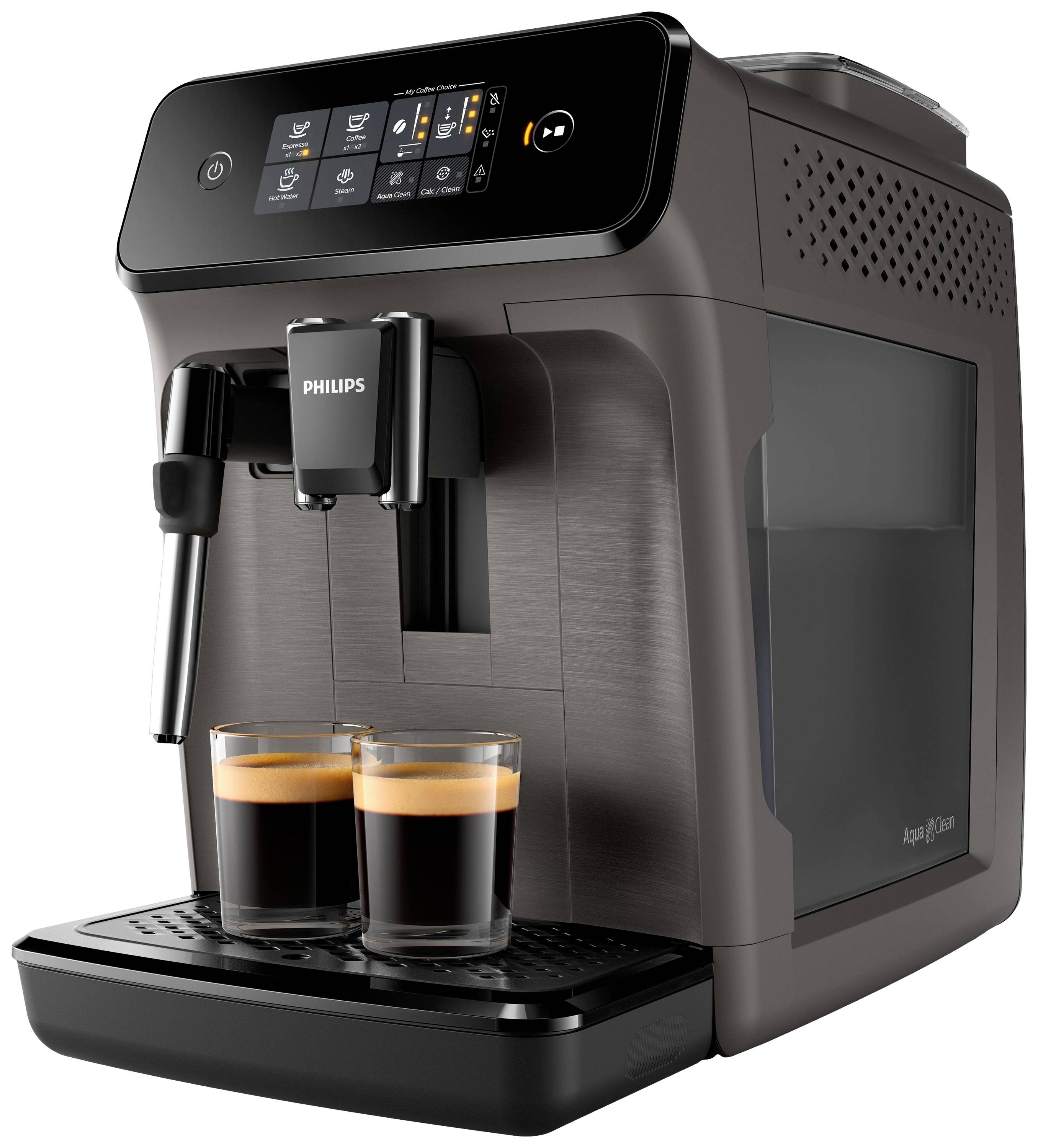 Eine schwarze Kaffeemaschine mit Touchscreen und zwei Tassen Espresso auf der Abtropfschale.