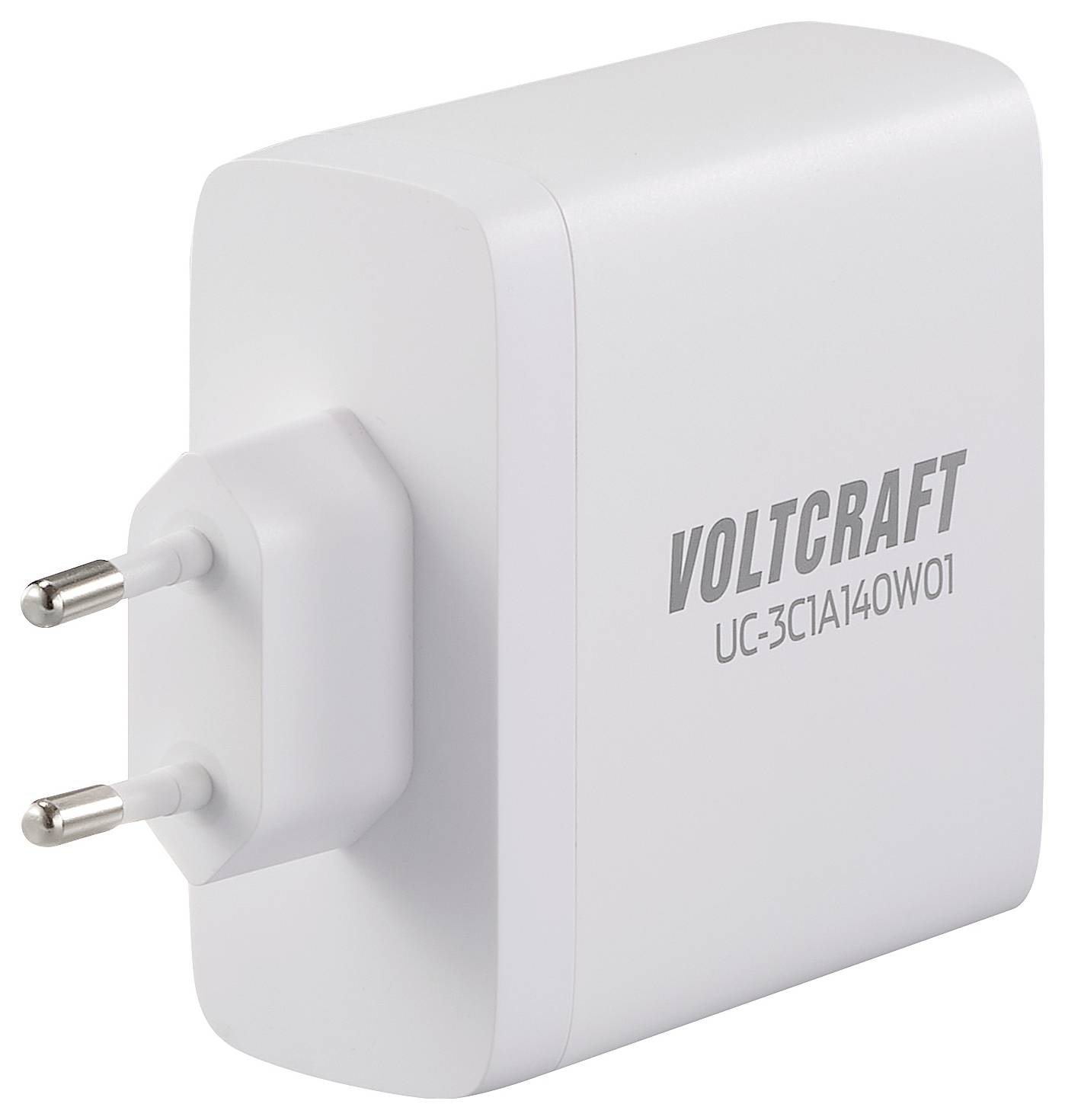 Weißes USB-Ladegerät der Marke Voltcraft mit europäischem Stecker, Modellnummer 'UC-3C1A140W01'.