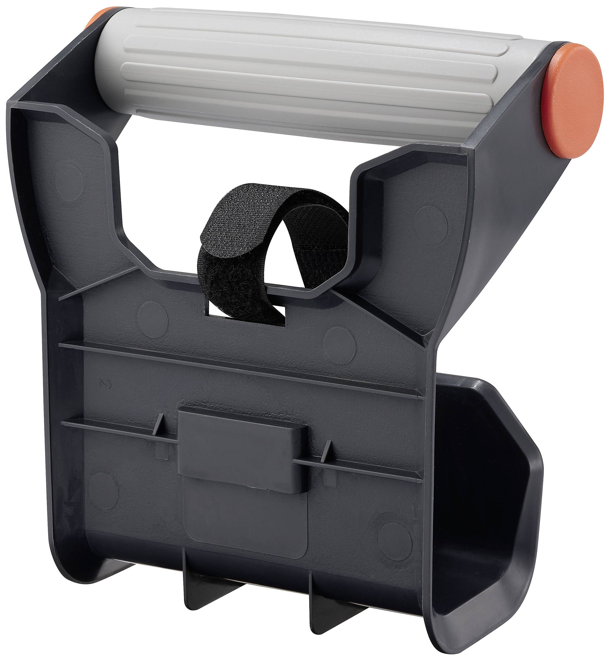 Schwarzer Kunststoffhalter mit grauem Griff und Klettverschluss. Geeignet für Werkzeuge oder Gartengeräte zur sicheren Aufbewahrung.