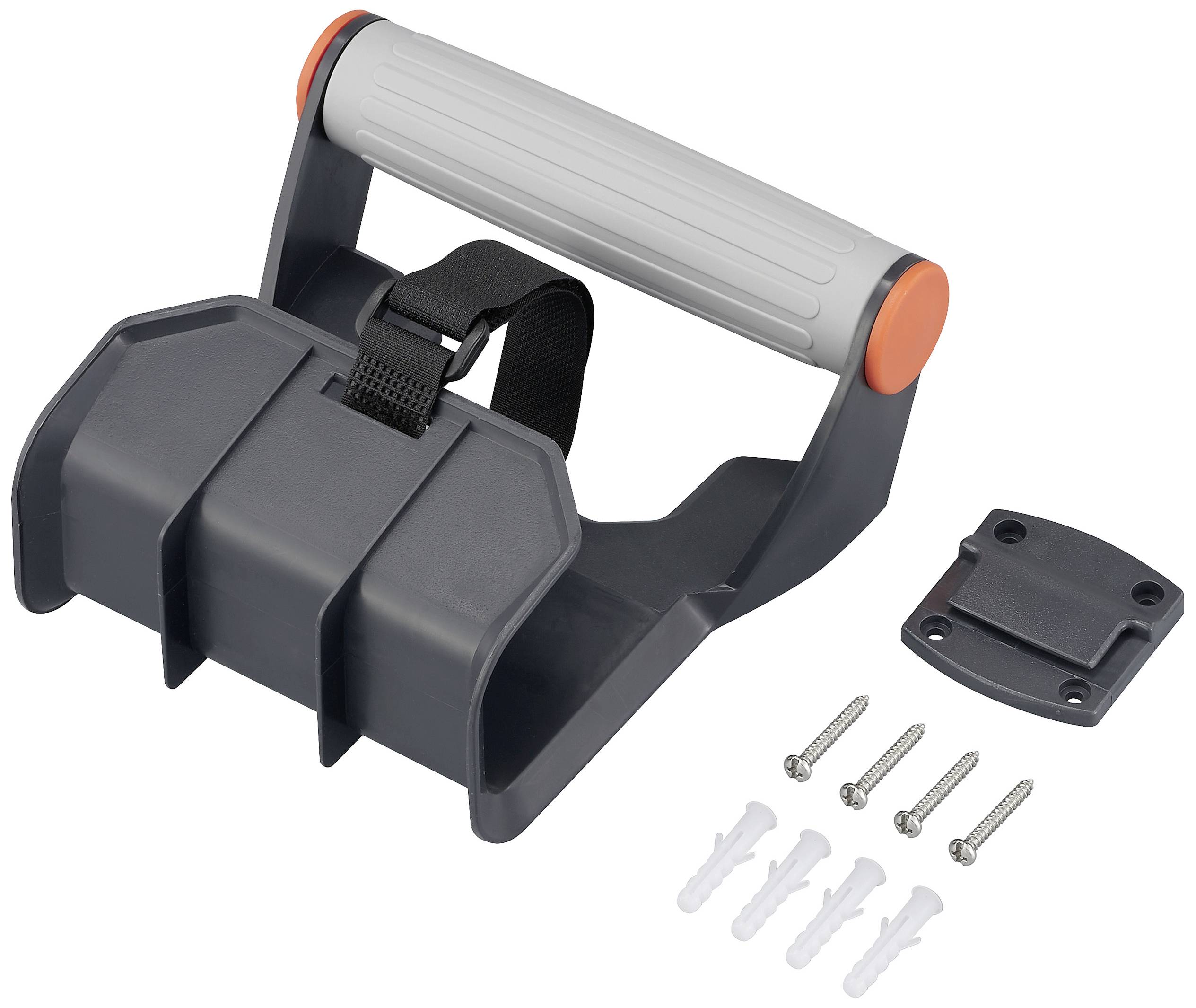 Rutschfeste Wandhalterung für Gartenschlauch mit Schrauben und Dübeln, grau mit orangenen Akzenten, zur sicheren Aufbewahrung.