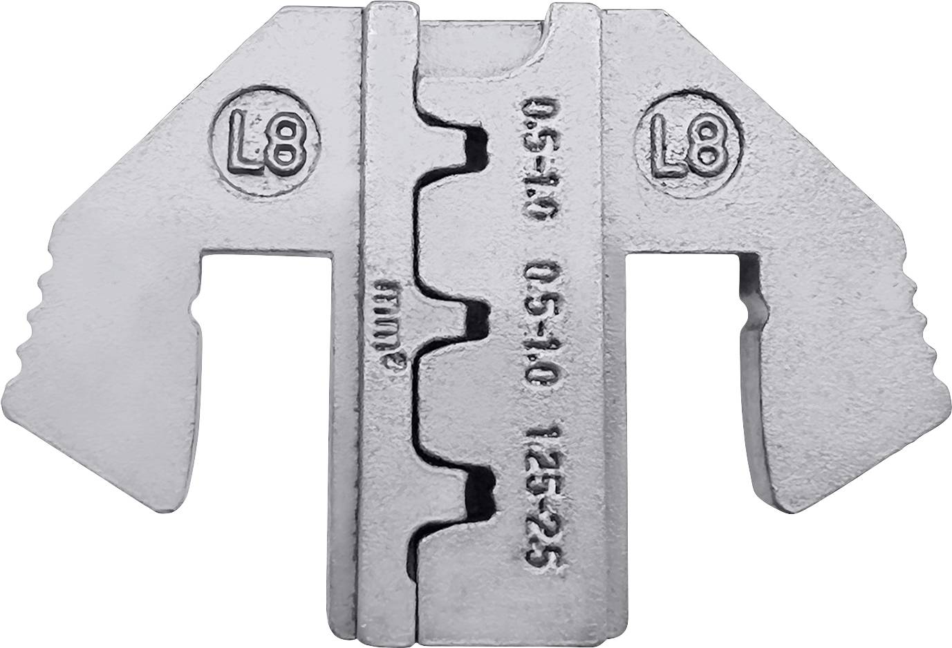 Metallteil mit Einkerbungen, markiert mit '0,5-1,0' und '1,25-2,5'. Seitliche Griffe und 'L8'-Prägung auf beiden Seiten.