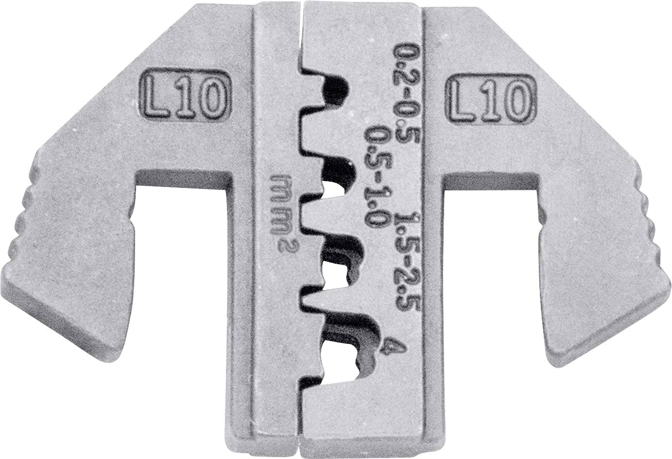 Metallische Crimpzange mit eingravierten Größenangaben für Drahtstärken von '0,5' bis '4 mm²'.