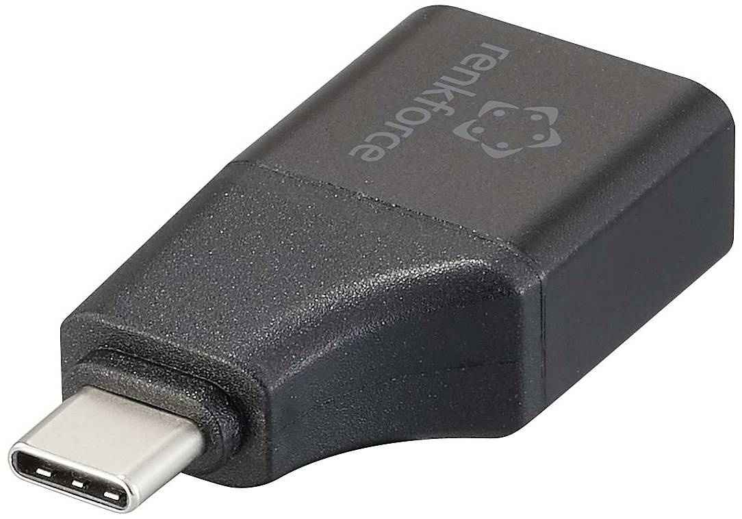 Ein schwarzer USB-C Adapter mit der Aufschrift 'renkforce' zeigt einen USB-C-Anschluss zur Verbindung elektronischer Geräte.