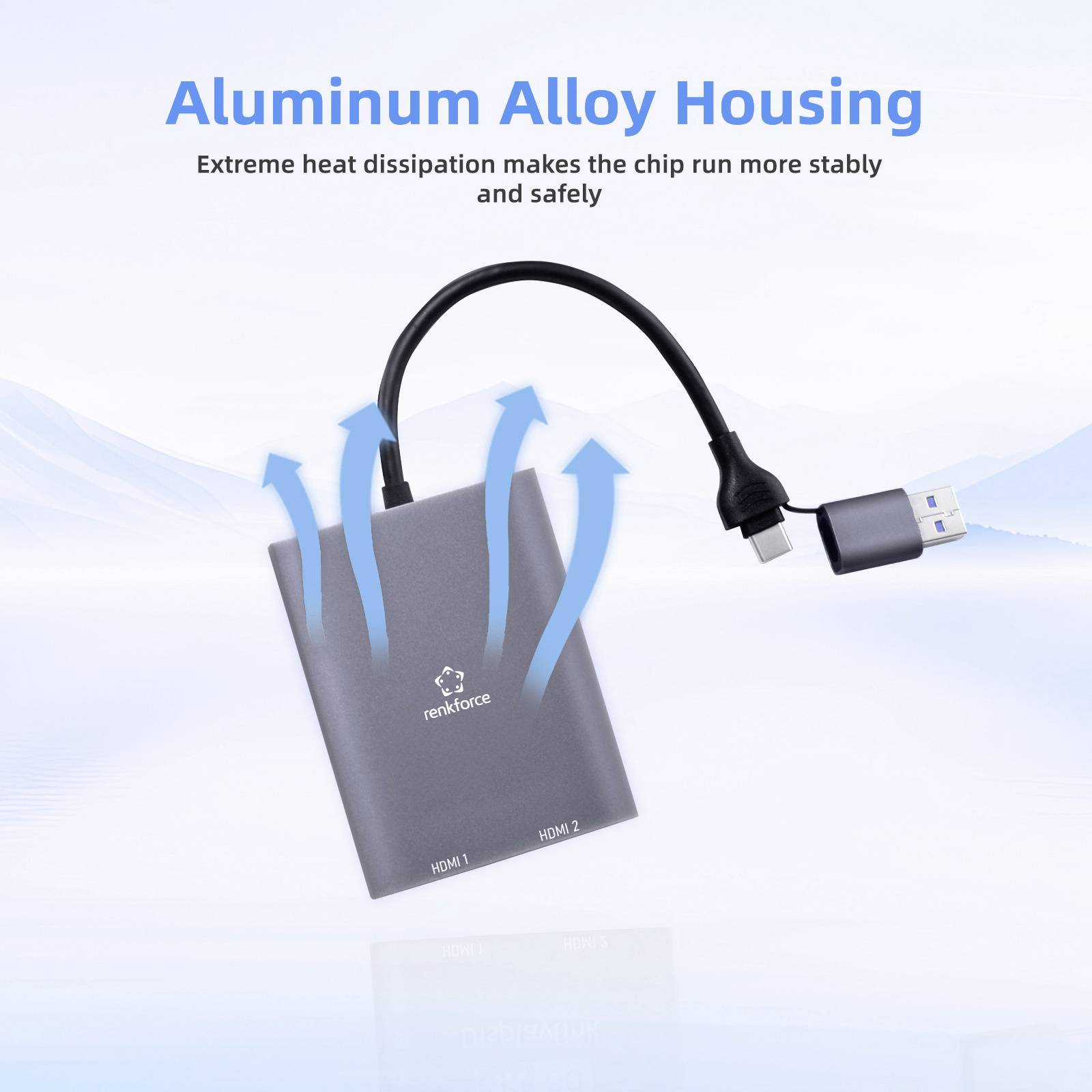 Ein Adapter mit Gehäuse aus Aluminiumlegierung, der Wärme ableitet, und der mit USB- und HDMI-Geräten verbunden ist. Der Text betont Stabilität und Sicherheit.