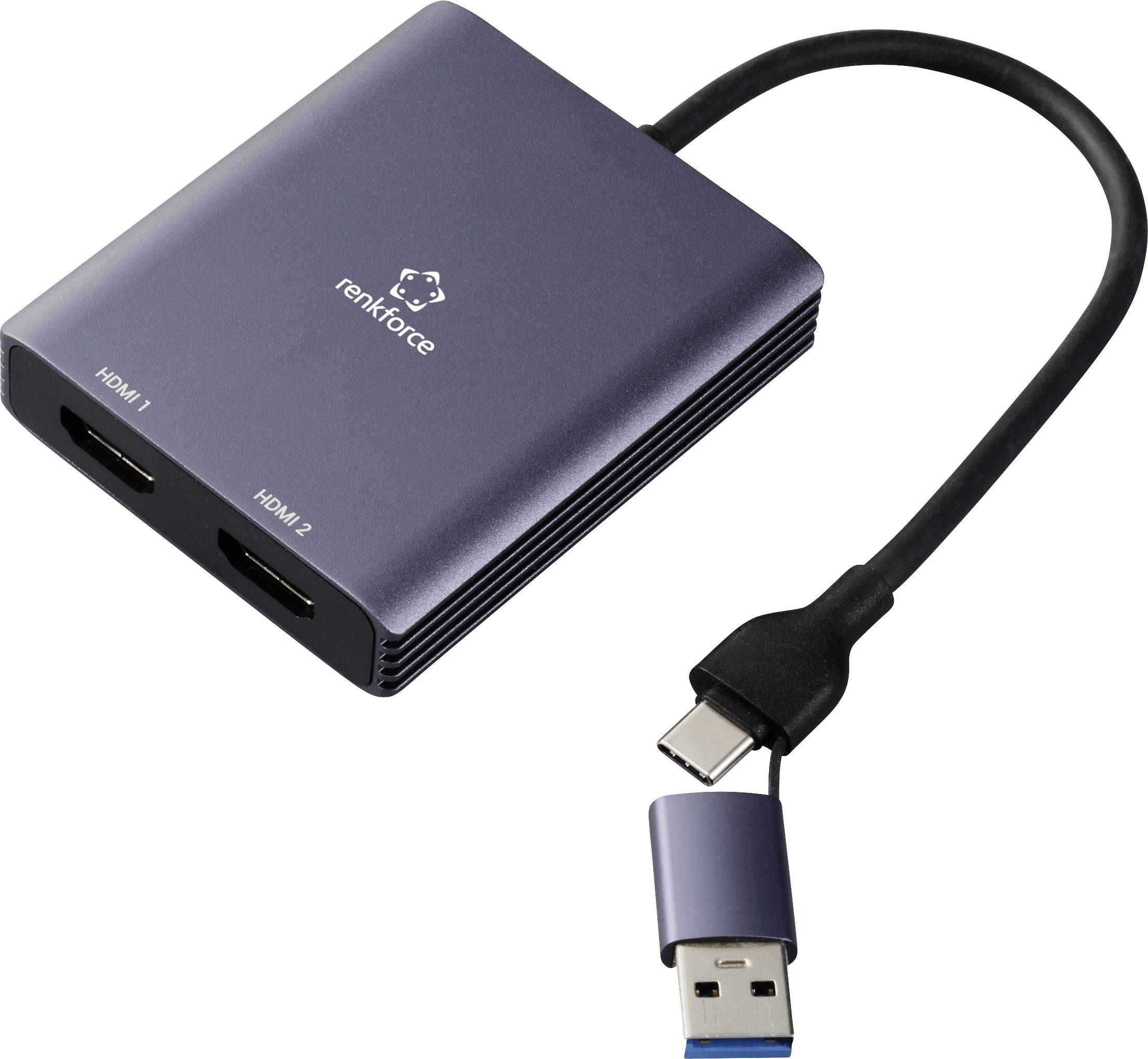 Renkforce RF-6418198 USB-C® / HDMI Adapter [1x USB-A, USB-C® - 2x HDMI®] Grau 4K UHD 15cm