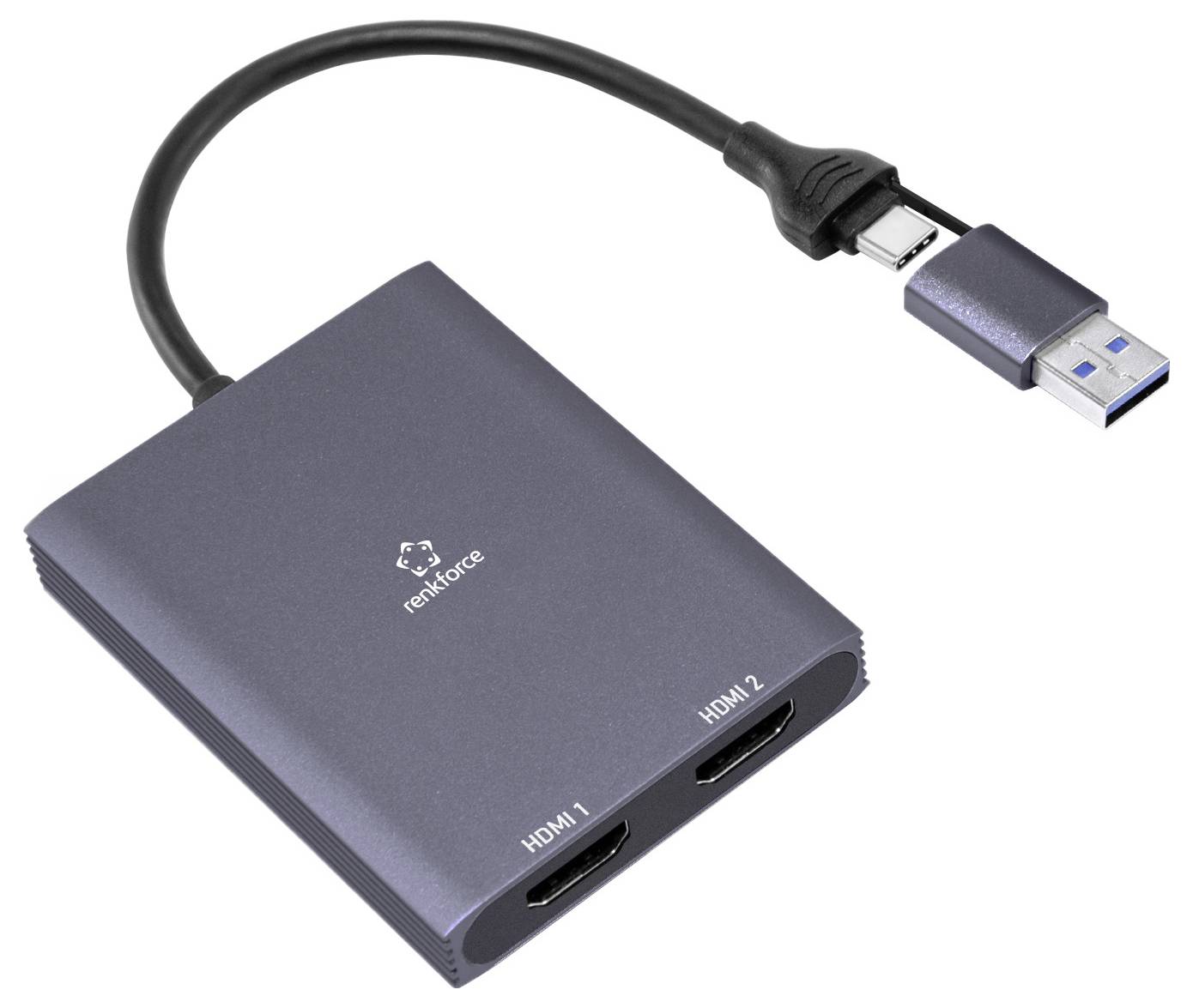 Ein dunkelgrauer HDMI-Verteiler mit zwei HDMI-Anschlüssen, beschriftet mit „HDMI 1