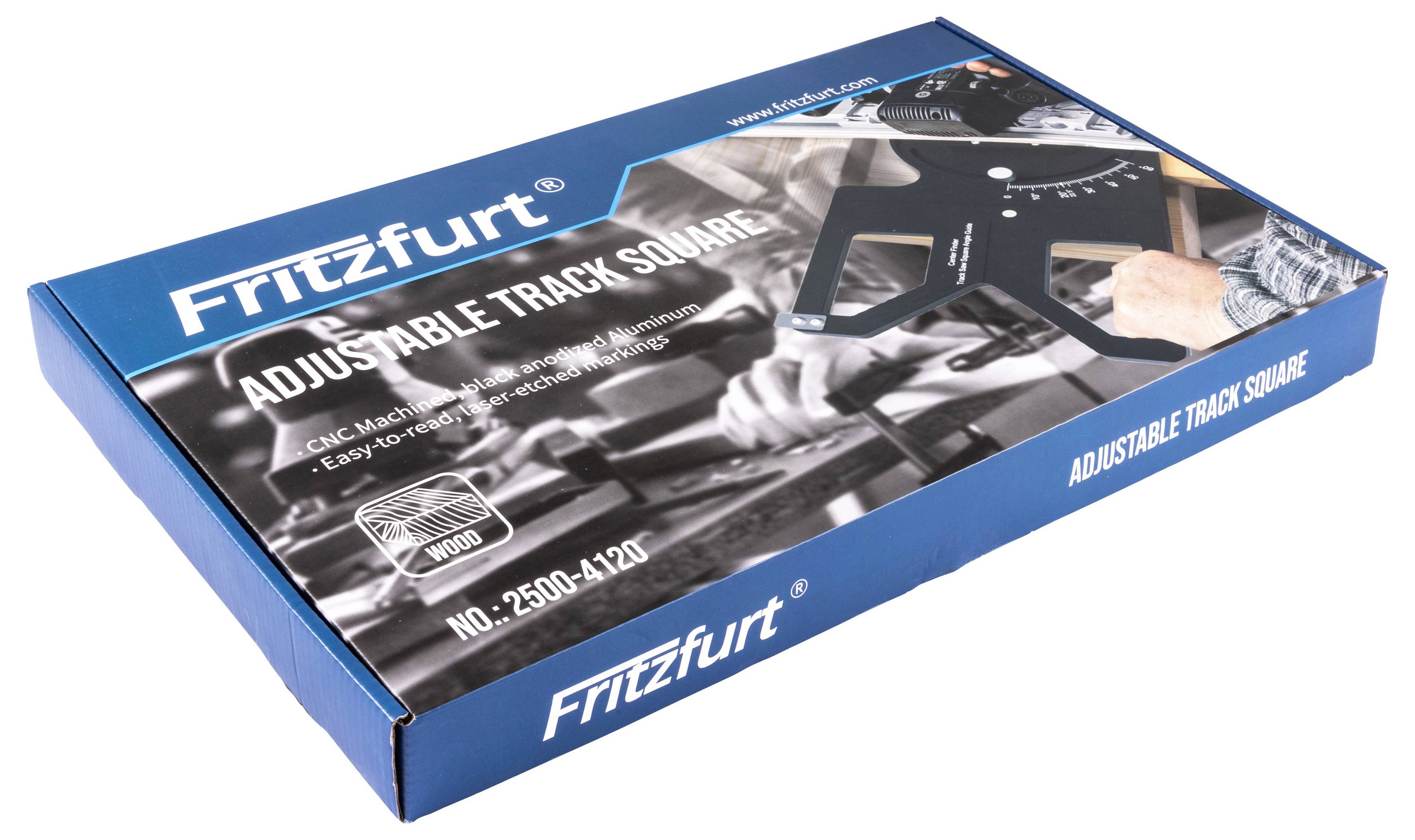 Blauer Fritzfurt 'verstellbarer Stahlwinkel' aus einer Werkzeugkiste/Verpackung, gezeigt auf weißem Hintergrund, mit der Modellnummer 2500-4120 gekennzeichnet.