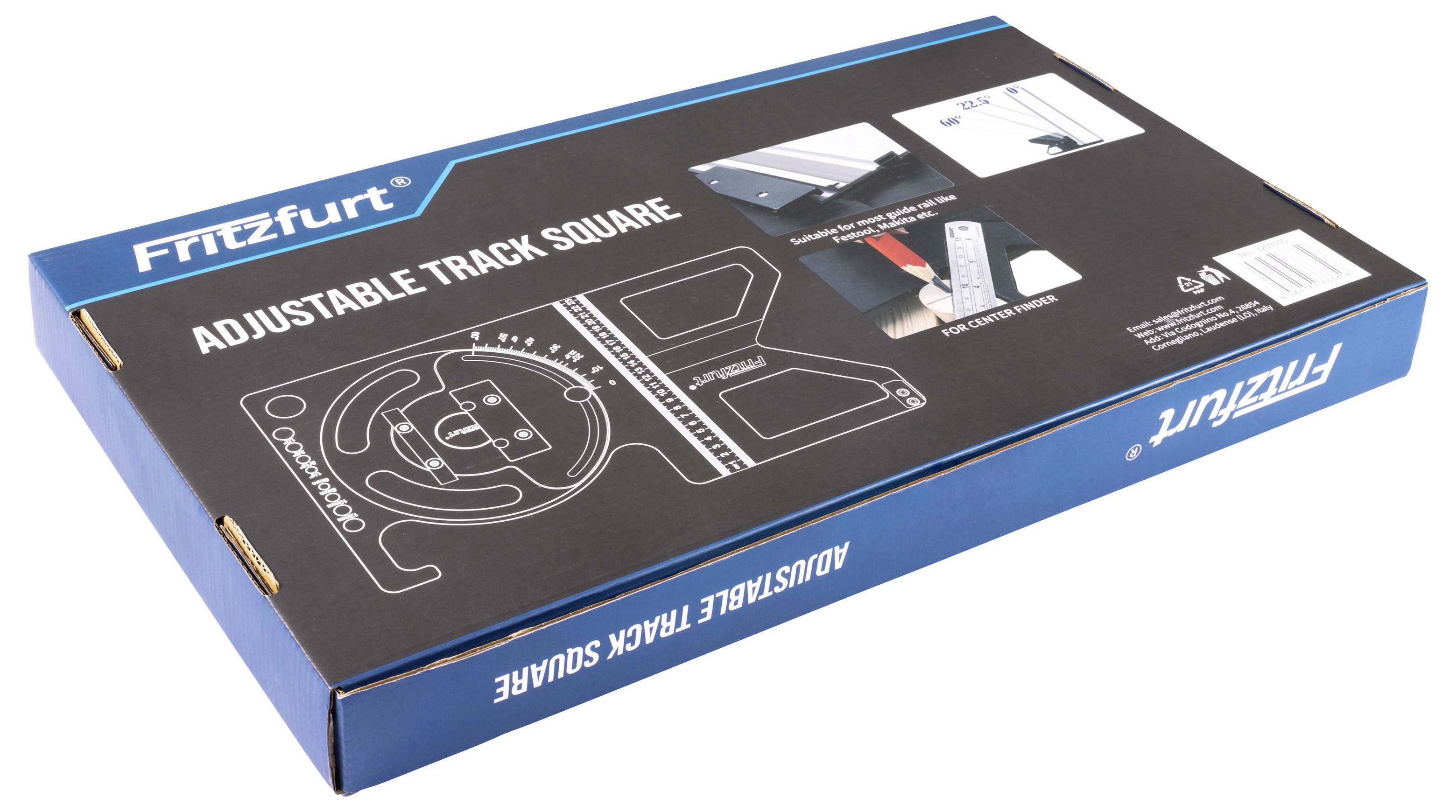 Fritzfurt verstellbares Spurenquadrat-Werkzeugset mit Produktabbildungen und Branding auf einer schwarzblauen Verpackung.