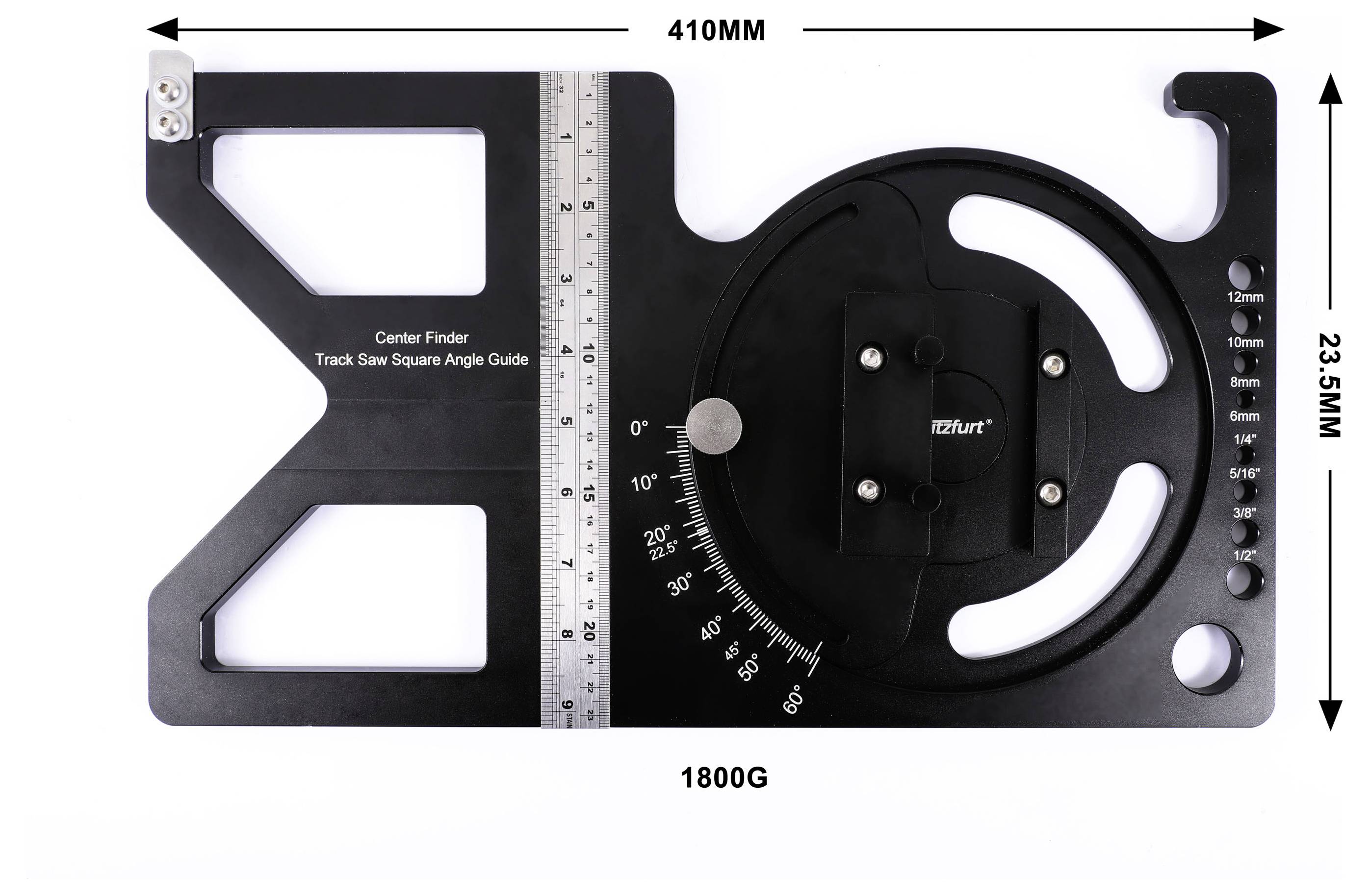 Schwarze Mittelfinder-Spurkreissägen-Führung mit Winkelmesser-Skala, Lineal und Messmakierungen mit einer Breite von 410 mm, einer Höhe von 23,5 mm und einem Gewicht von 1800 g.