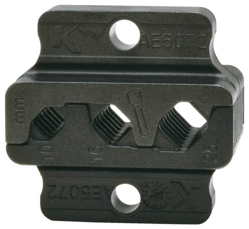 Schwarze metallische Crimmplatte mit drei Gewinden, Größenangaben 10, 16 und 25 mm. Modellnummer AE5072 aufgedruckt.