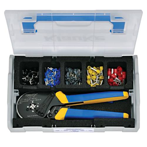 Offener Werkzeugkoffer mit Crimpzange und sortierten farbigen Drahtverbindern in Schaumstofftrennfächern.