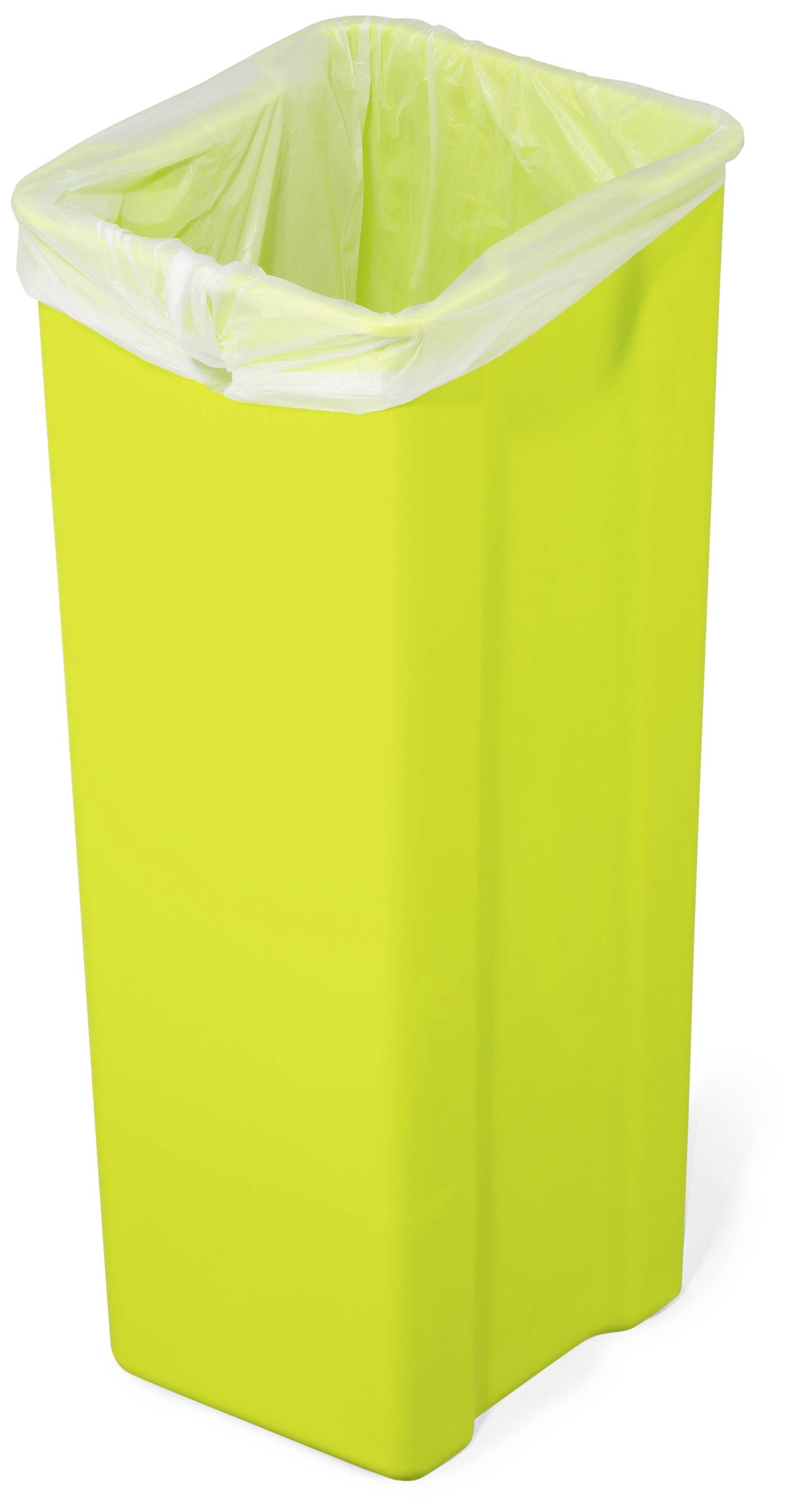 Neon-gelber Abfalleimer mit weißem Plastikbeutel.