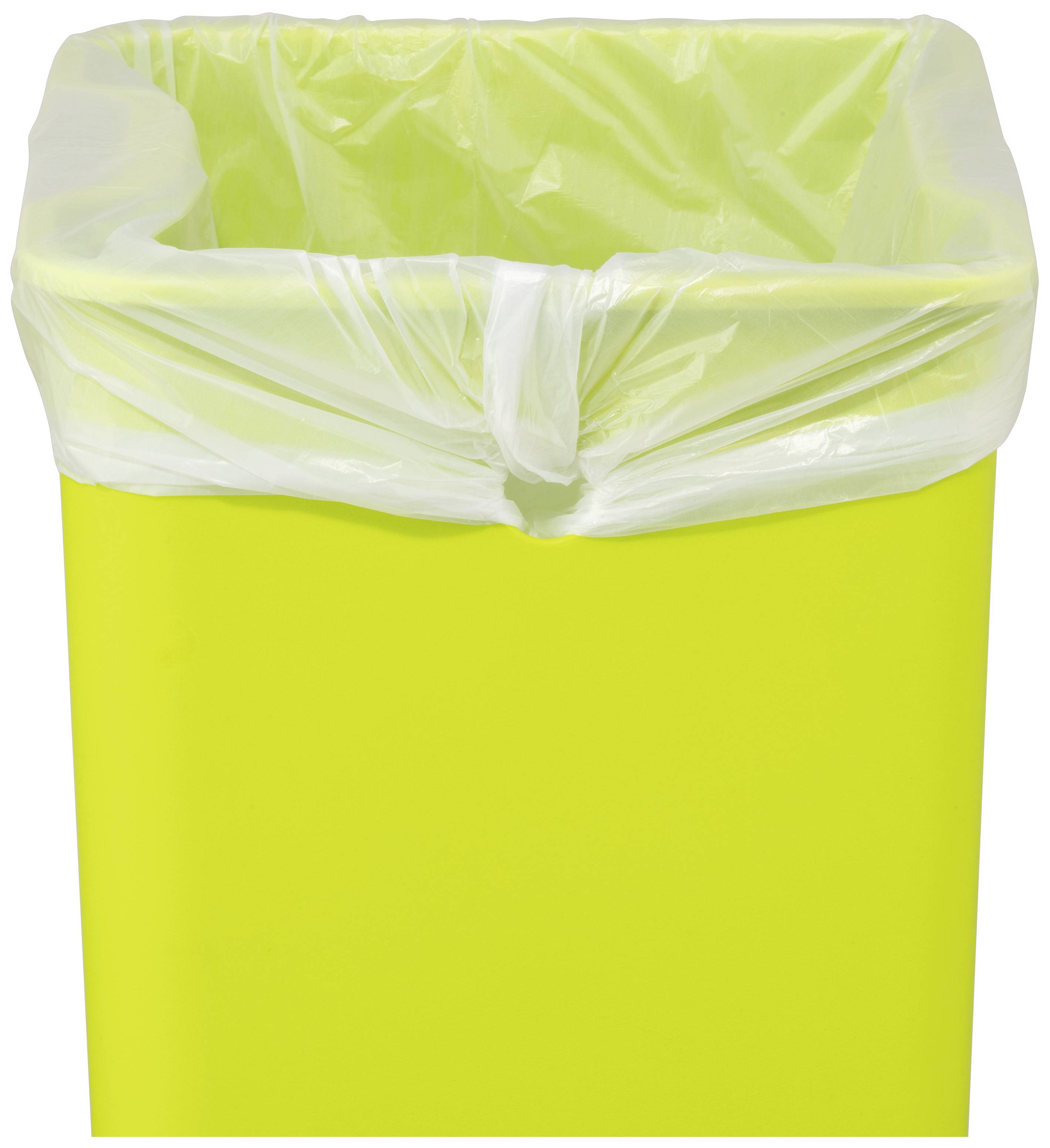 Ein leuchtend gelber Mülleimer mit einem transparenten Müllbeutel, im Raum stehend, bereit für den Gebrauch.