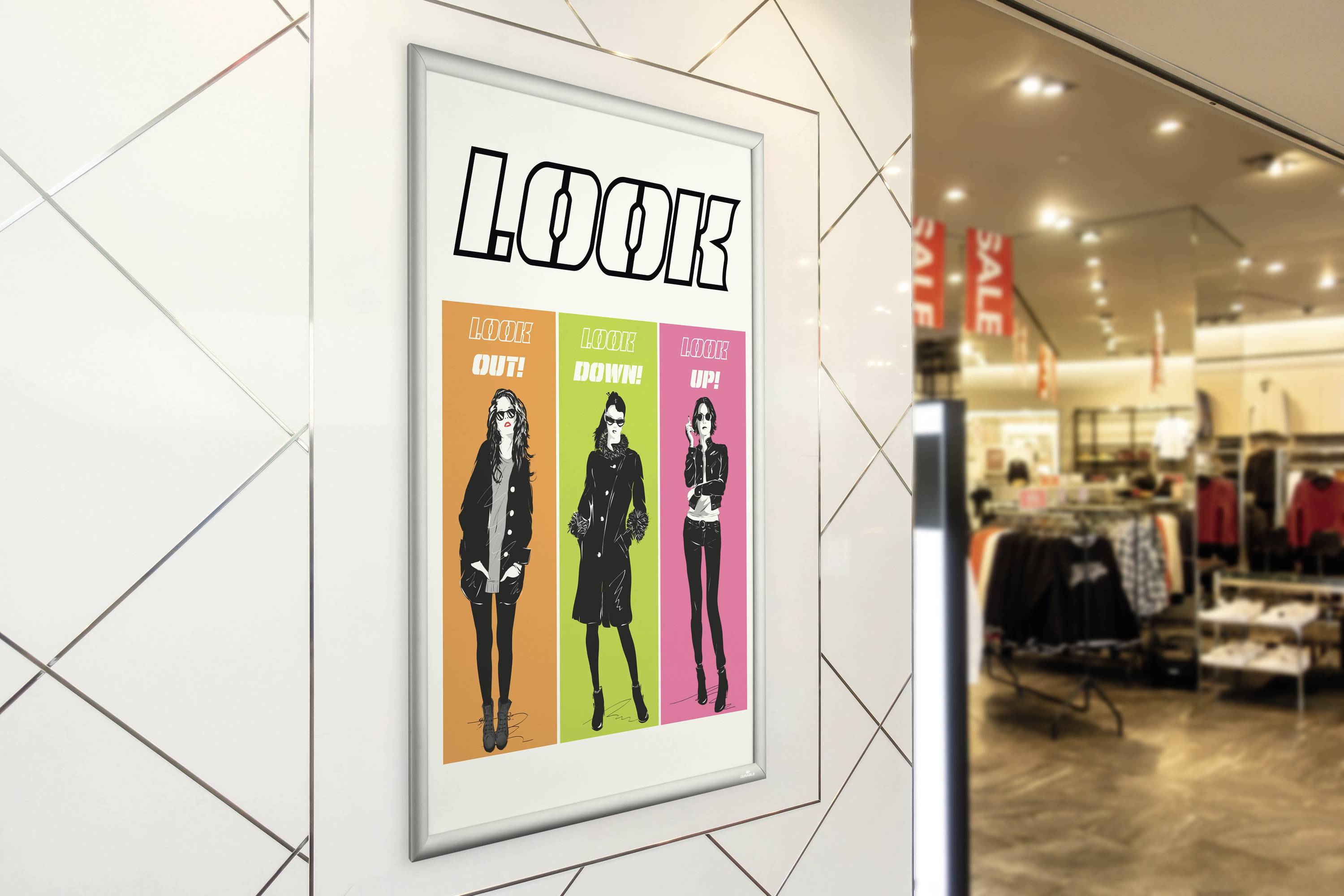 Werbeplakat mit drei Models in verschiedenen Posen und dem Text 'LOOK', 'Check Out!', 'Check Down!', 'Check Up!'. Geschäft im Hintergrund.