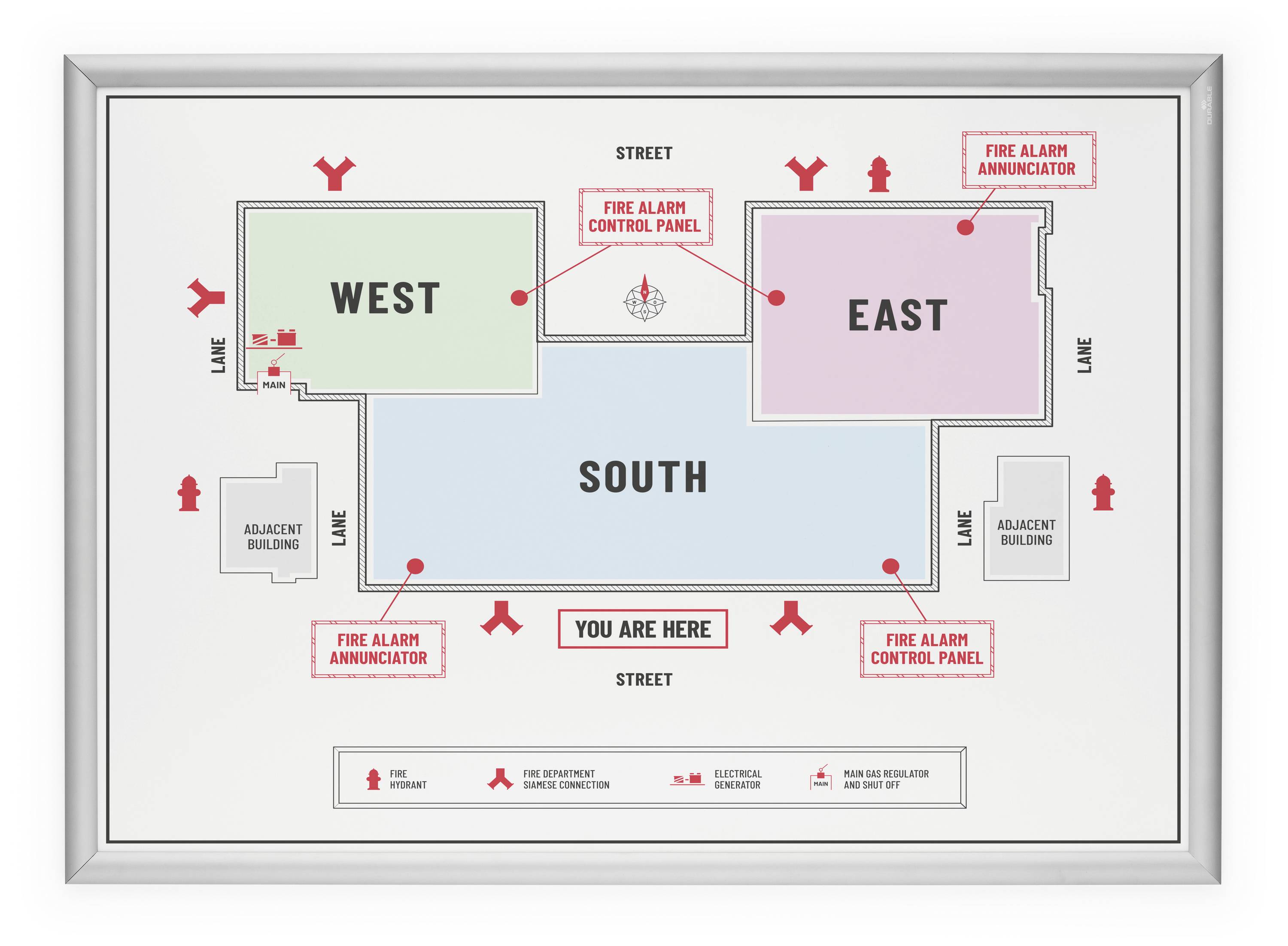 Gebäudekarte mit drei Bereichen: 'West', 'Ost', 'Süd'. Feueralarm-Standorte markiert. 'Sie sind hier' zeigt aktuelle Position an.