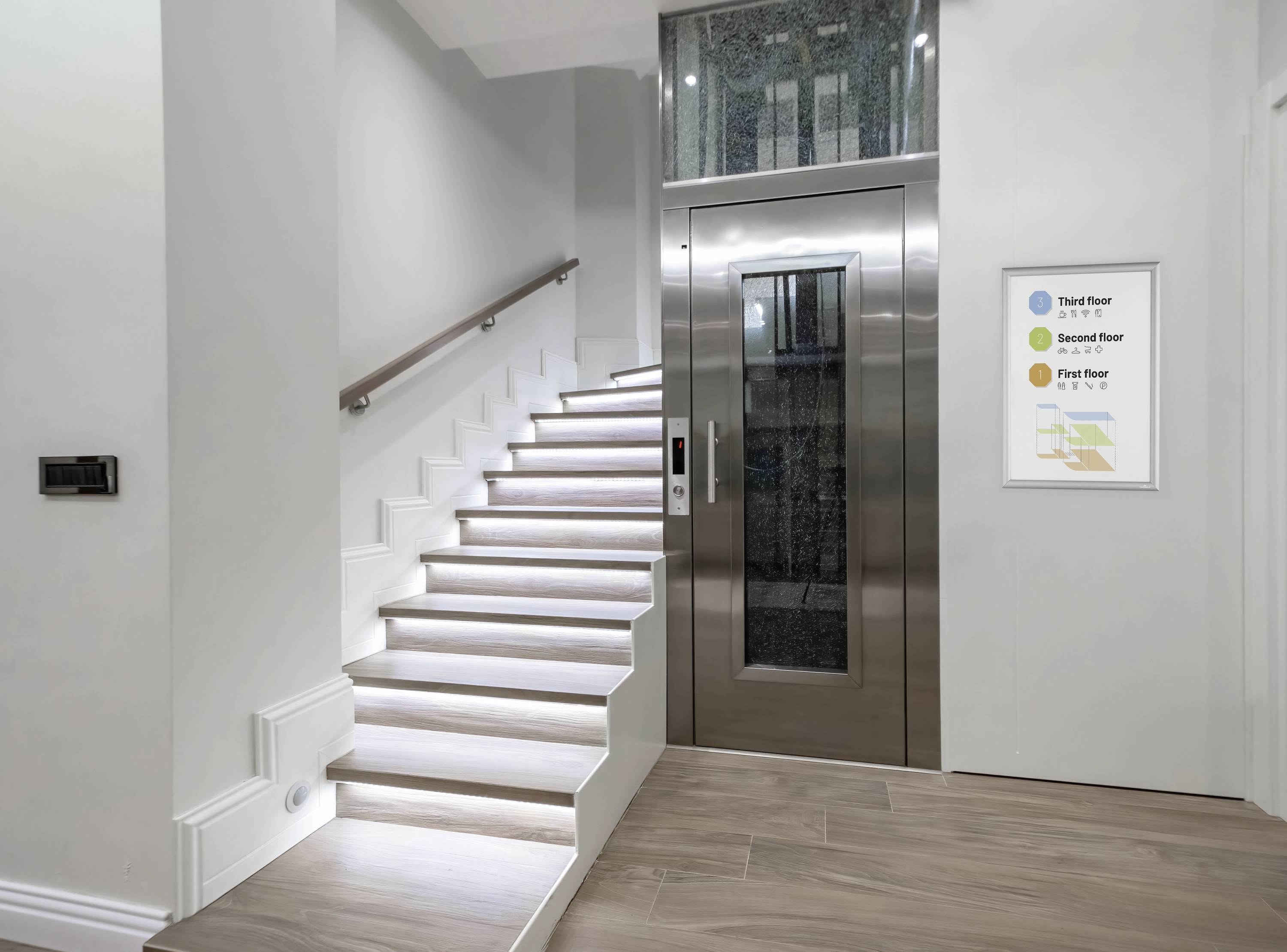 Treppenhaus mit moderner Treppe und Aufzug. An der Wand hängt ein Schild mit farblich markierten Etageninformationen.