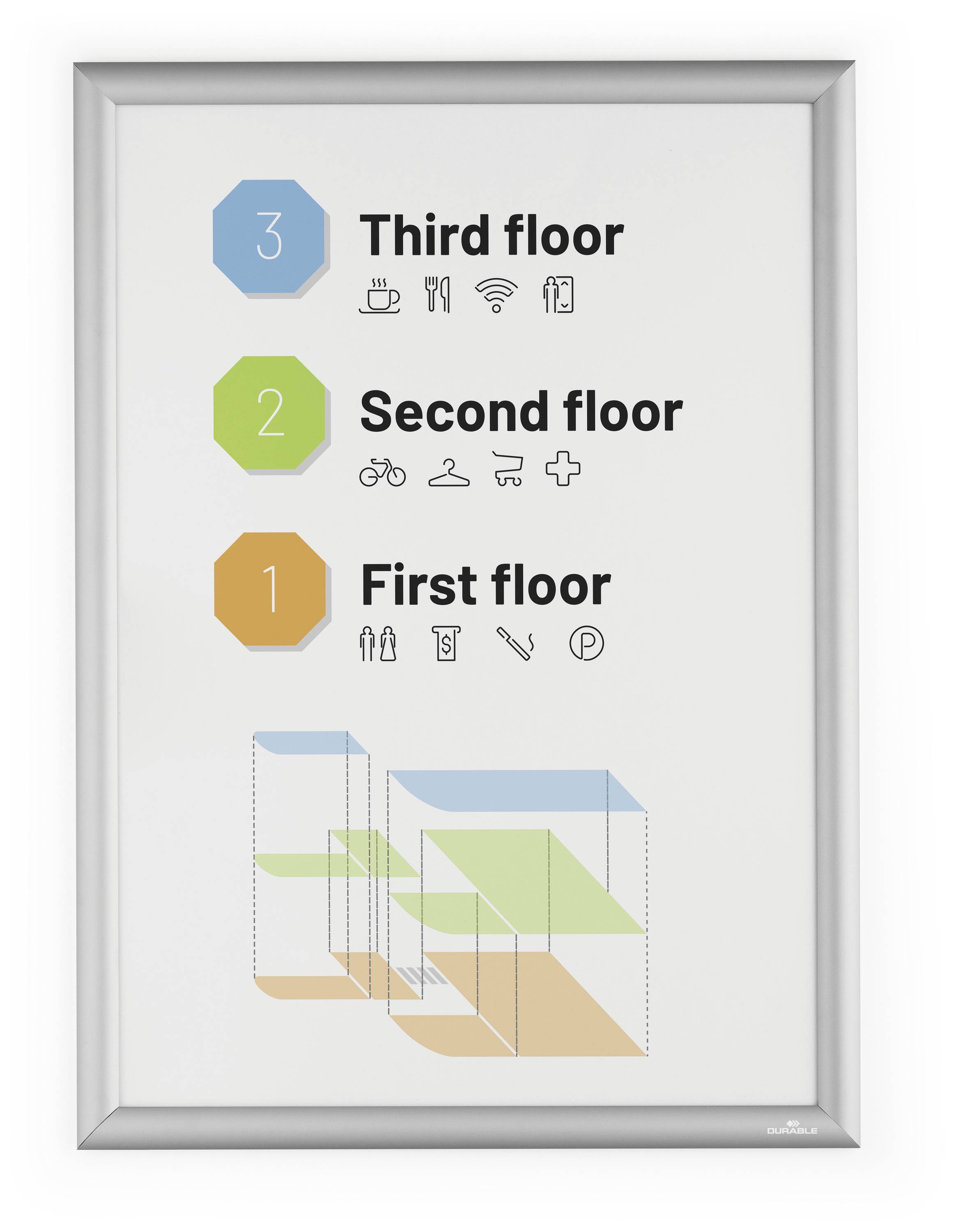 Raumplan mit Etagen-Anzeige: Dritter Stock (3, WLAN, Drucken), Zweiter Stock (2, Fahrrad, Kaffee), Erster Stock (1, Essen, Drucker).