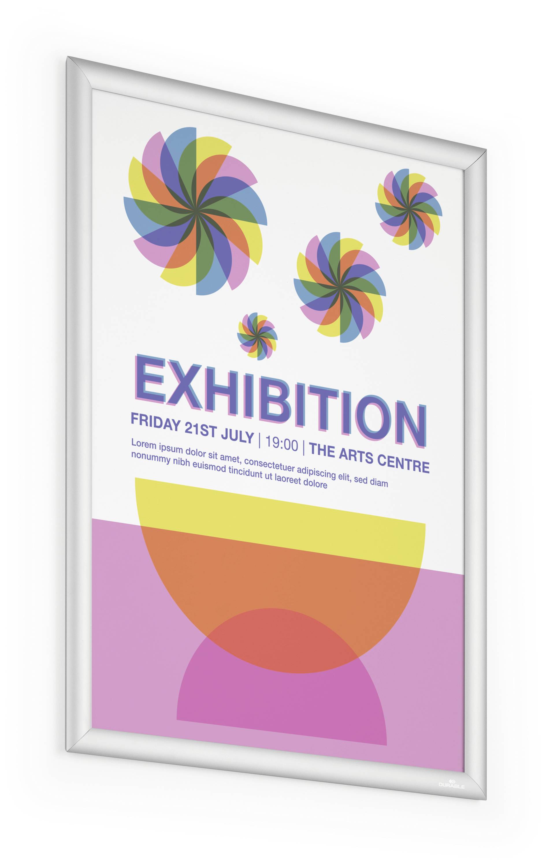 Plakat mit Spiraldesigns in bunten Farben. Text: 'Exhibition, Friday 21st July, 19:00, The Arts Centre'.
