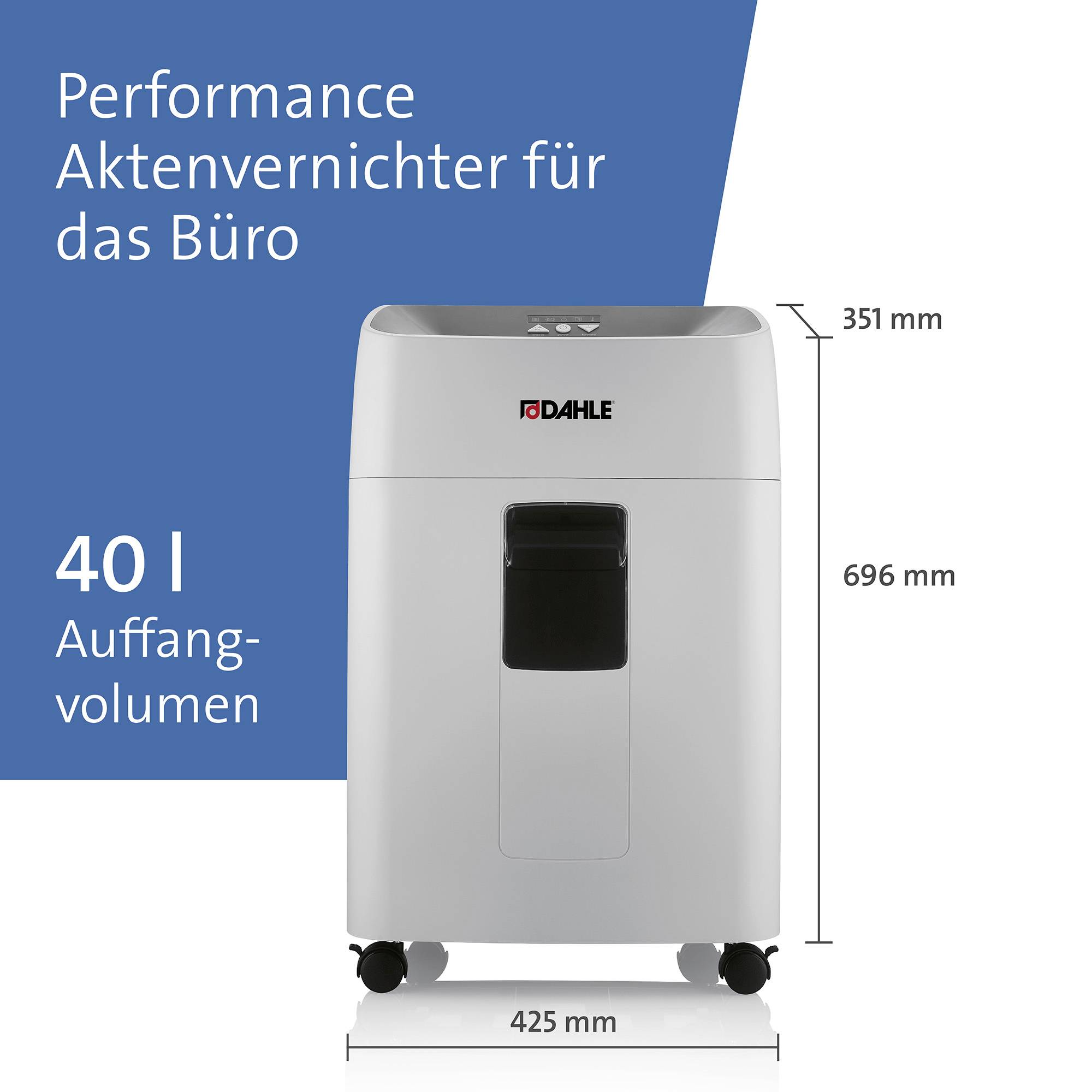 Ein Aktenvernichter für das Büro mit 40 l Auffangvolumen. Maße: 696 mm Höhe, 425 mm Breite, 351 mm Tiefe.