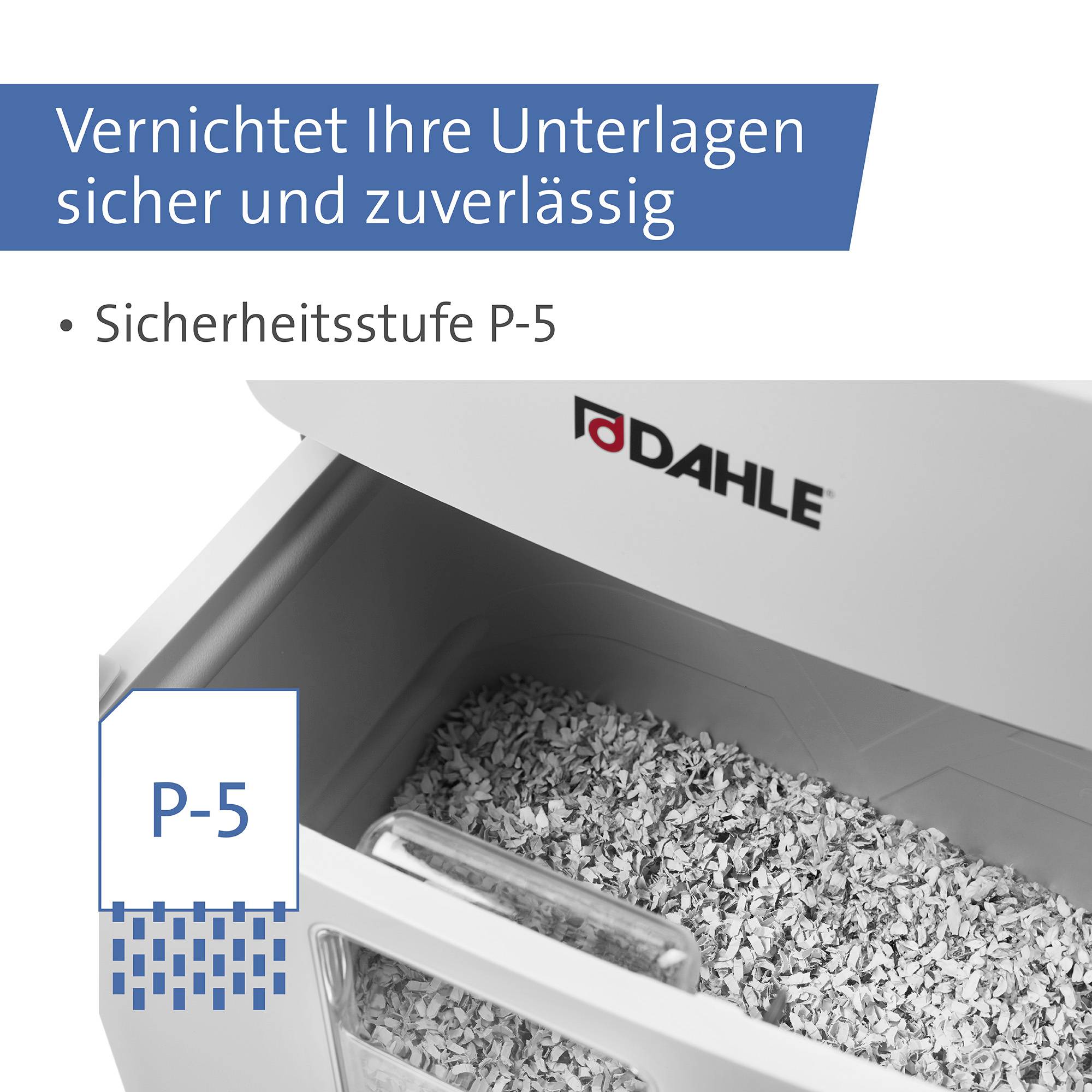 Papiershredder zeigt Sicherheitsstufe P-5, zerkleinert Dokumente sicher und zuverlässig.