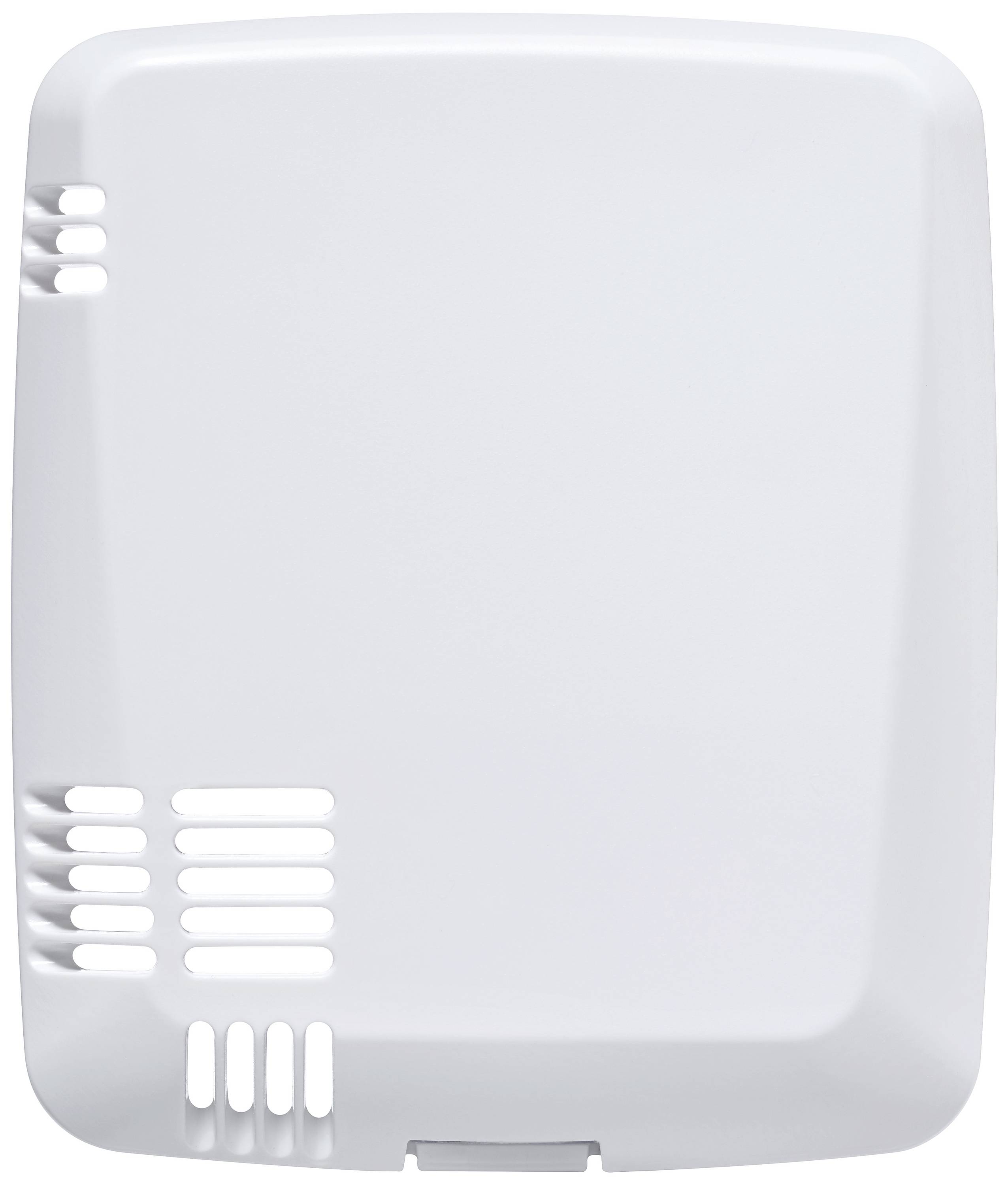 Weiße Kunststoffabdeckung mit Lüftungsschlitzen, vermutlich für ein elektronisches Gerät oder einen Sensor.