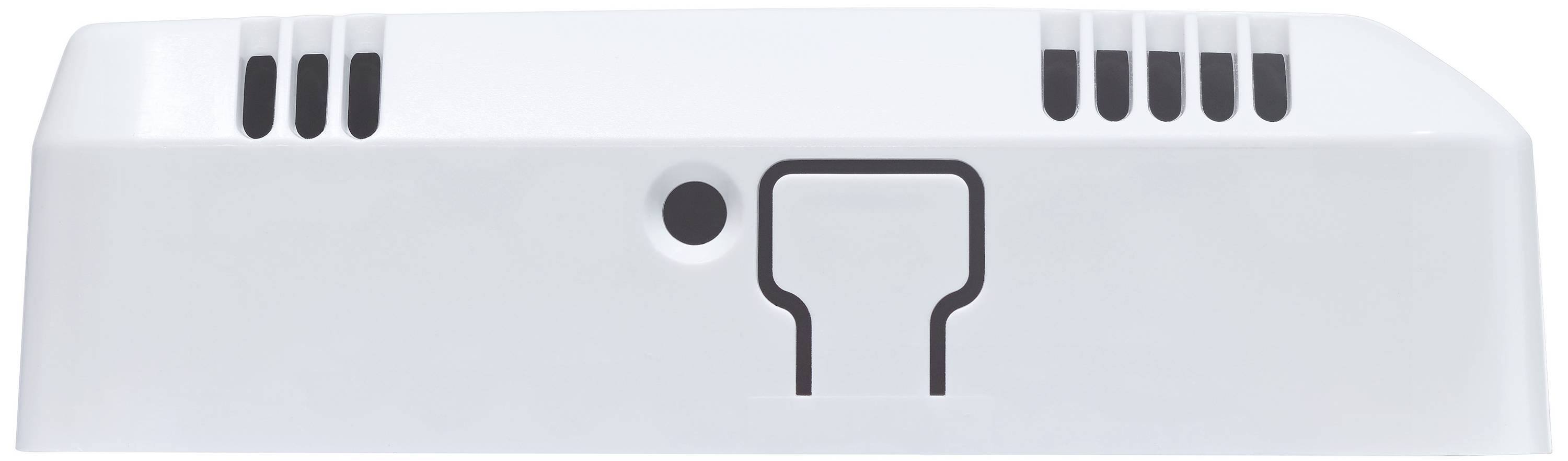 Weißes elektronisches Gerät mit Lüftungsschlitzen oben und einem kleinen Kreis in der Mitte, möglicherweise ein Sensor oder Detektor.