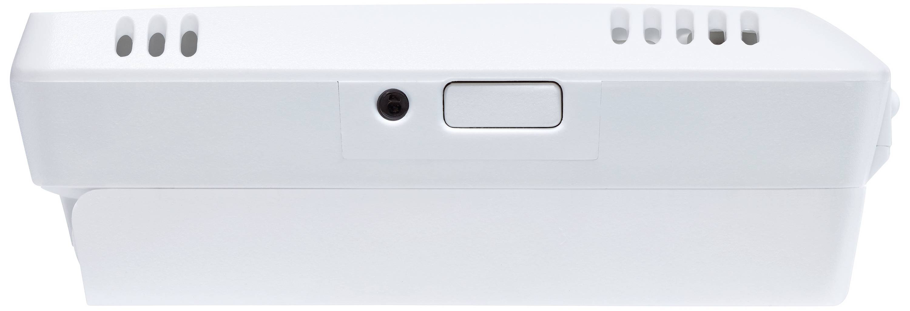 Ein weißes elektronisches Gerät mit mehreren Lüftungsschlitzen und einem zentralen Knopf.