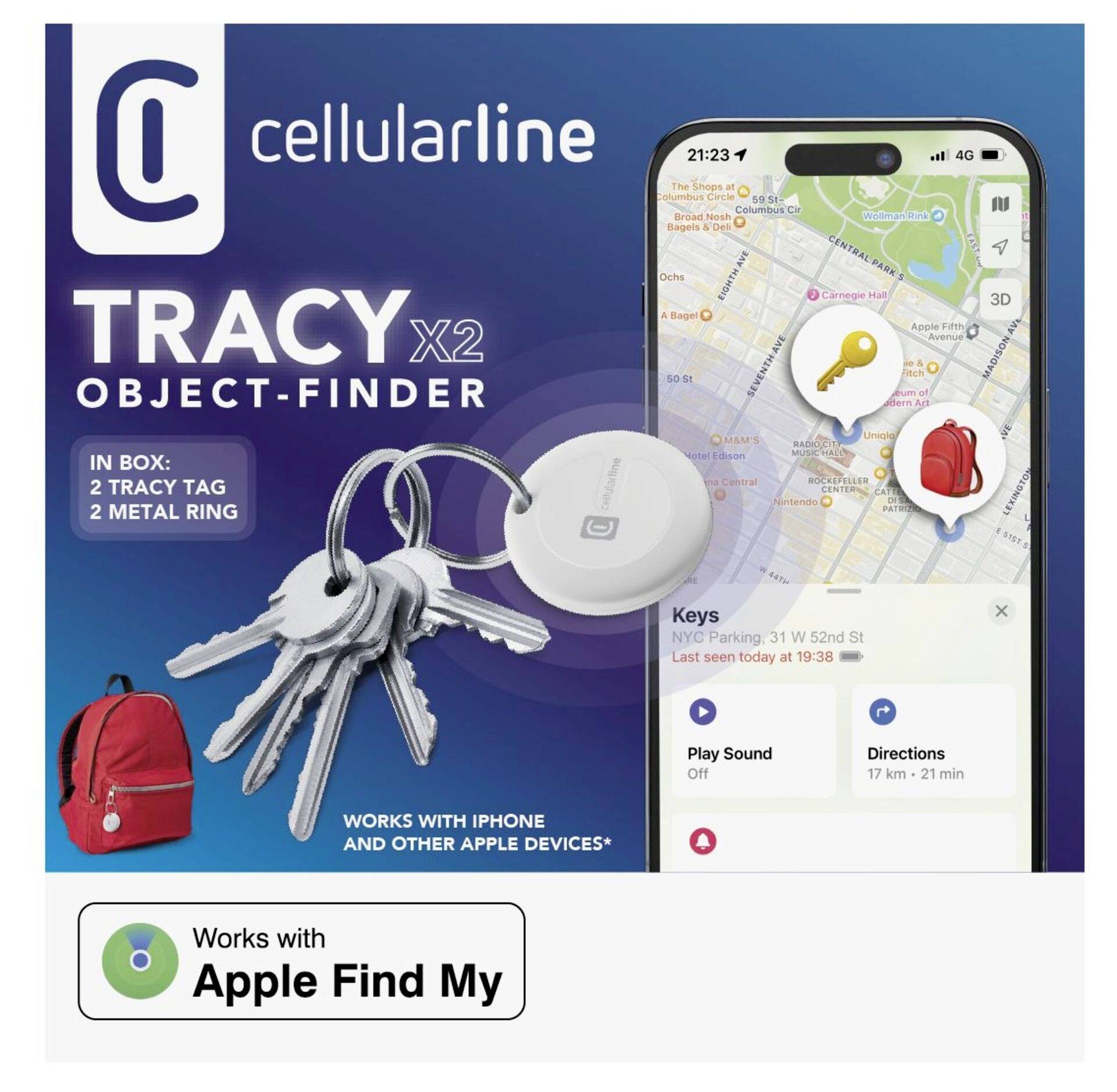 Smartphone-Bildschirm zeigt App zur Ortung von Gegenständen. Schlüsselbund mit Tag lokalisiert. Kompatibel mit Apple Find My.