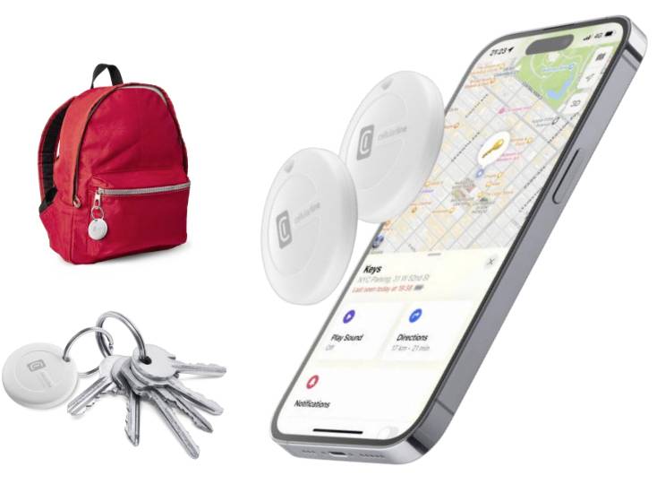 Ein Smartphone zeigt eine Karten-App mit getaggten Orten. Zwei runde Geräte markieren Gegenstände, wie einen Schlüsselbund und einen roten Rucksack.