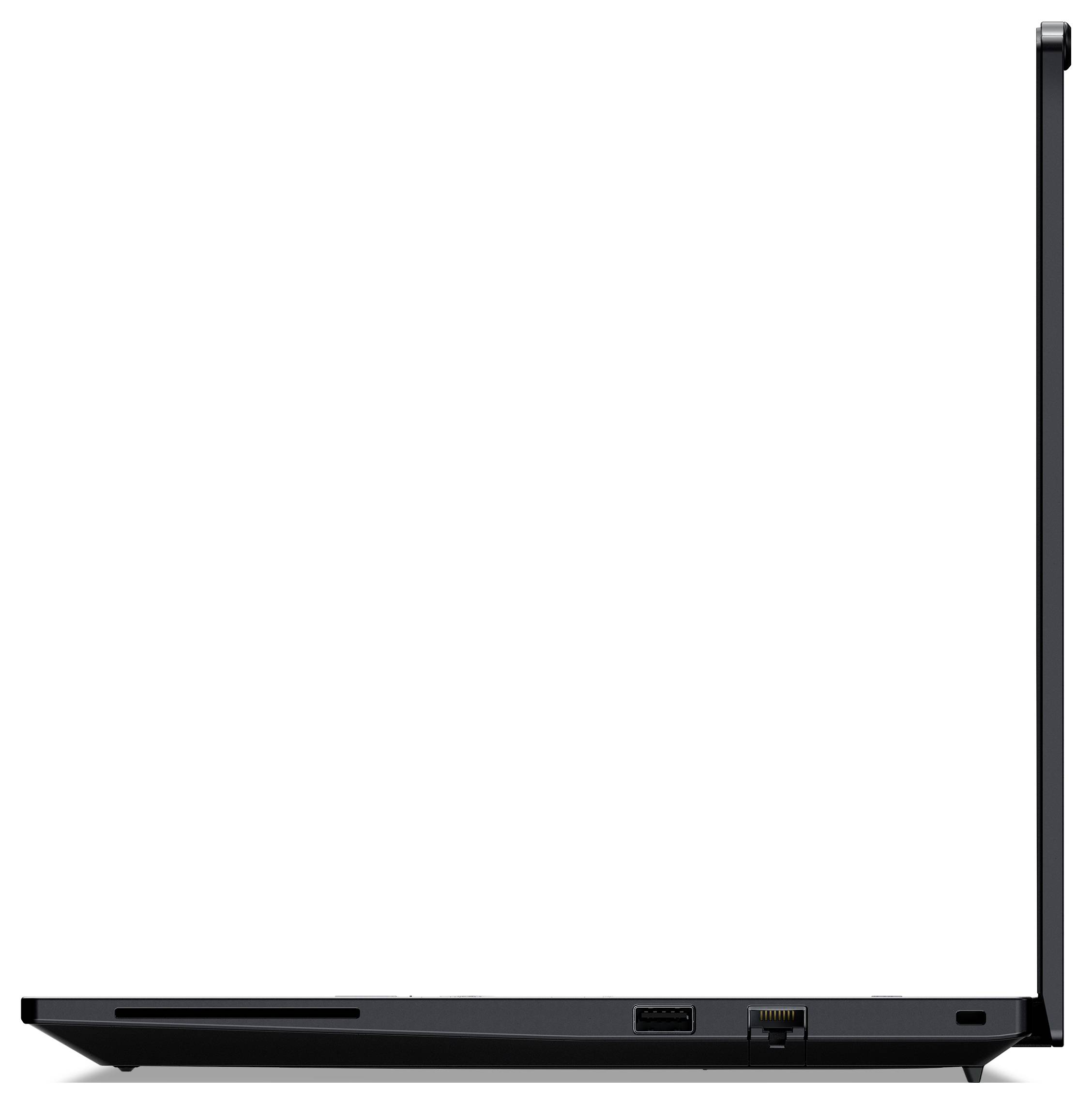 Seitliche Ansicht eines dünnen, schwarzen Laptops. Bildschirm geöffnet, mehrere Anschlüsse an der Unterseite erkennbar.