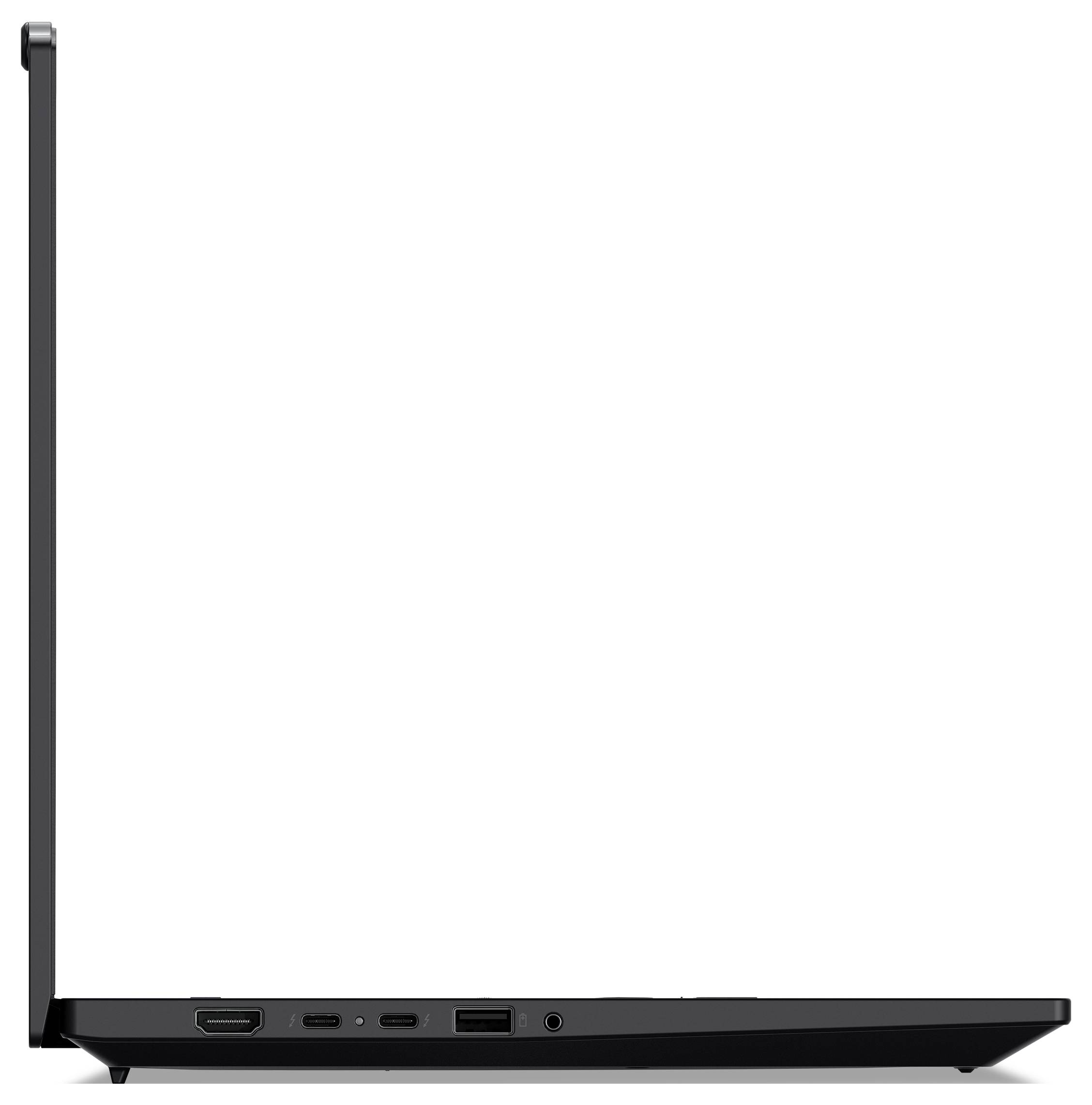 Seitenansicht eines aufklappbaren Laptops mit sichtbaren Anschlüssen, darunter HDMI, USB-C und USB-Anschluss. Breites Display erkennbar.