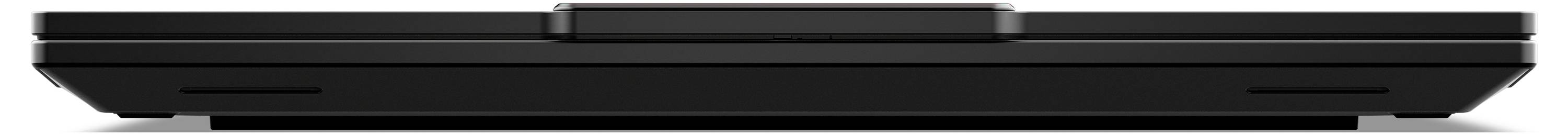 Ein geschlossener schwarzer Laptop von der Seite gesehen, mit klar ersichtlichem Scharnier.
