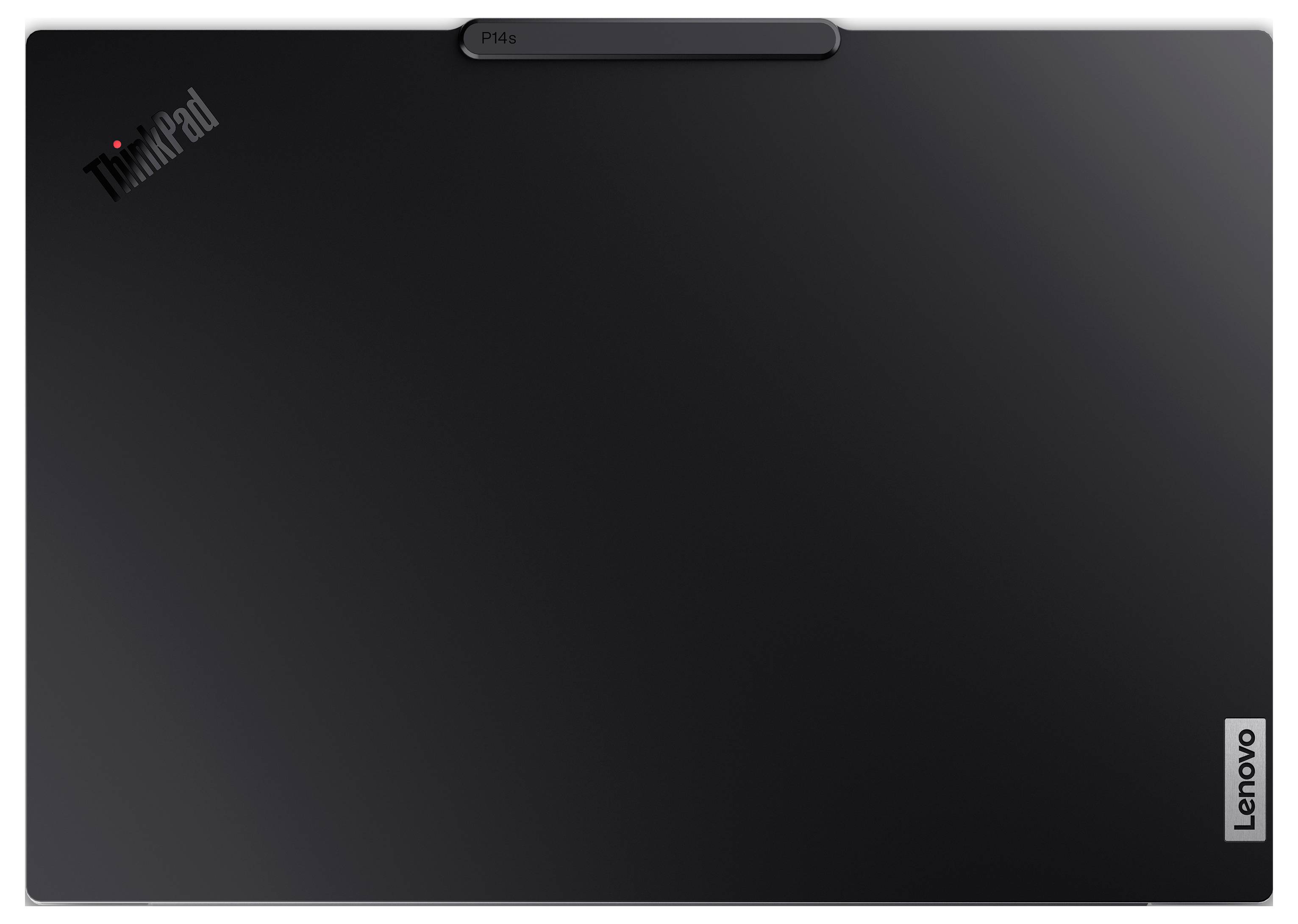 'ThinkPad' und 'Lenovo' Logos auf einem schwarzen Laptopdeckel, minimalistisch gestaltet.