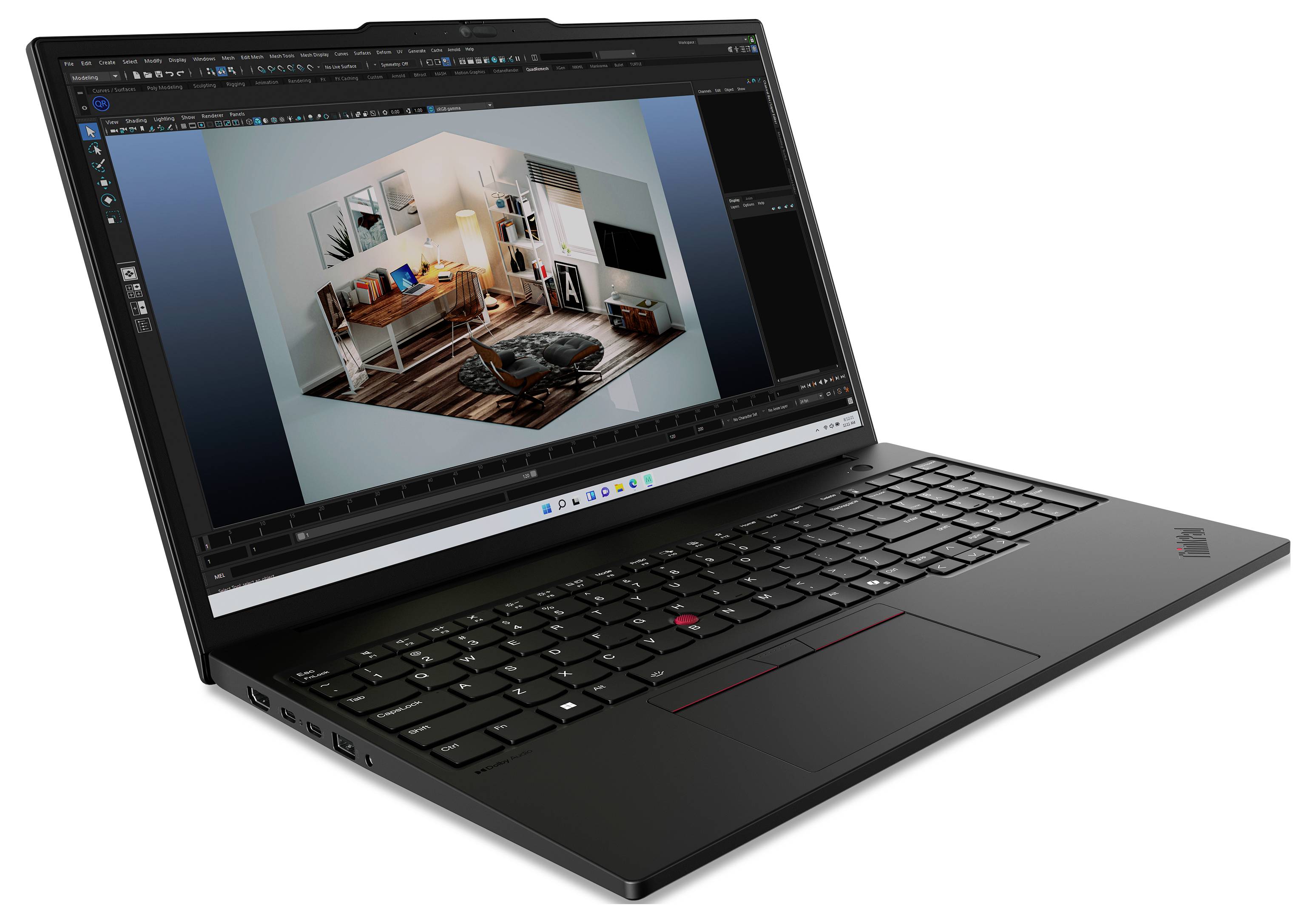 Ein schwarzer Laptop zeigt auf dem Bildschirm ein 3D-Rendering eines Wohnzimmers mit einem Sofa und einem Kaffeetisch.