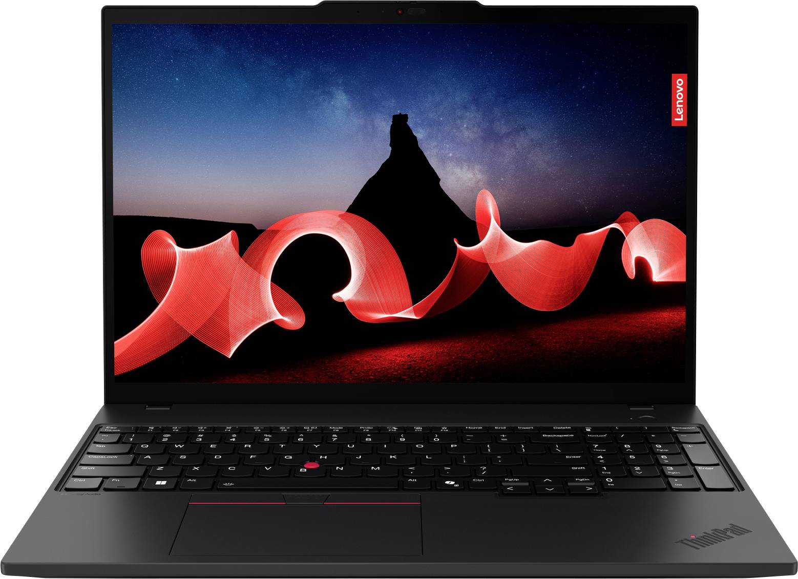 Ein Laptop mit schwarzem Gehäuse, davor ein Hintergrundbild mit Berg und leuchtenden Bändern in Rot bei Nacht.