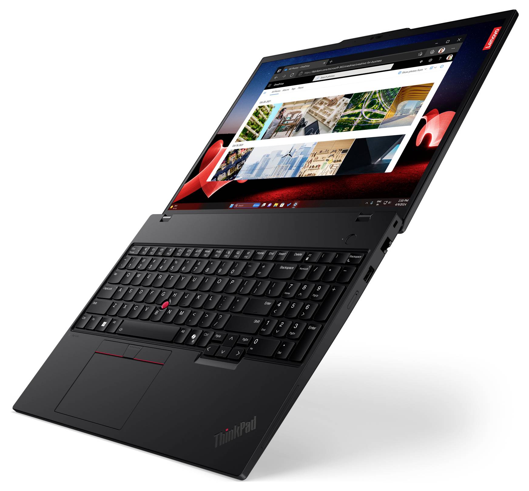 Ein schwarzes Laptop in seitlicher Ansicht mit geöffnetem Bildschirm, der Fotos und Webseiten anzeigt. Die Tastatur ist sichtbar.