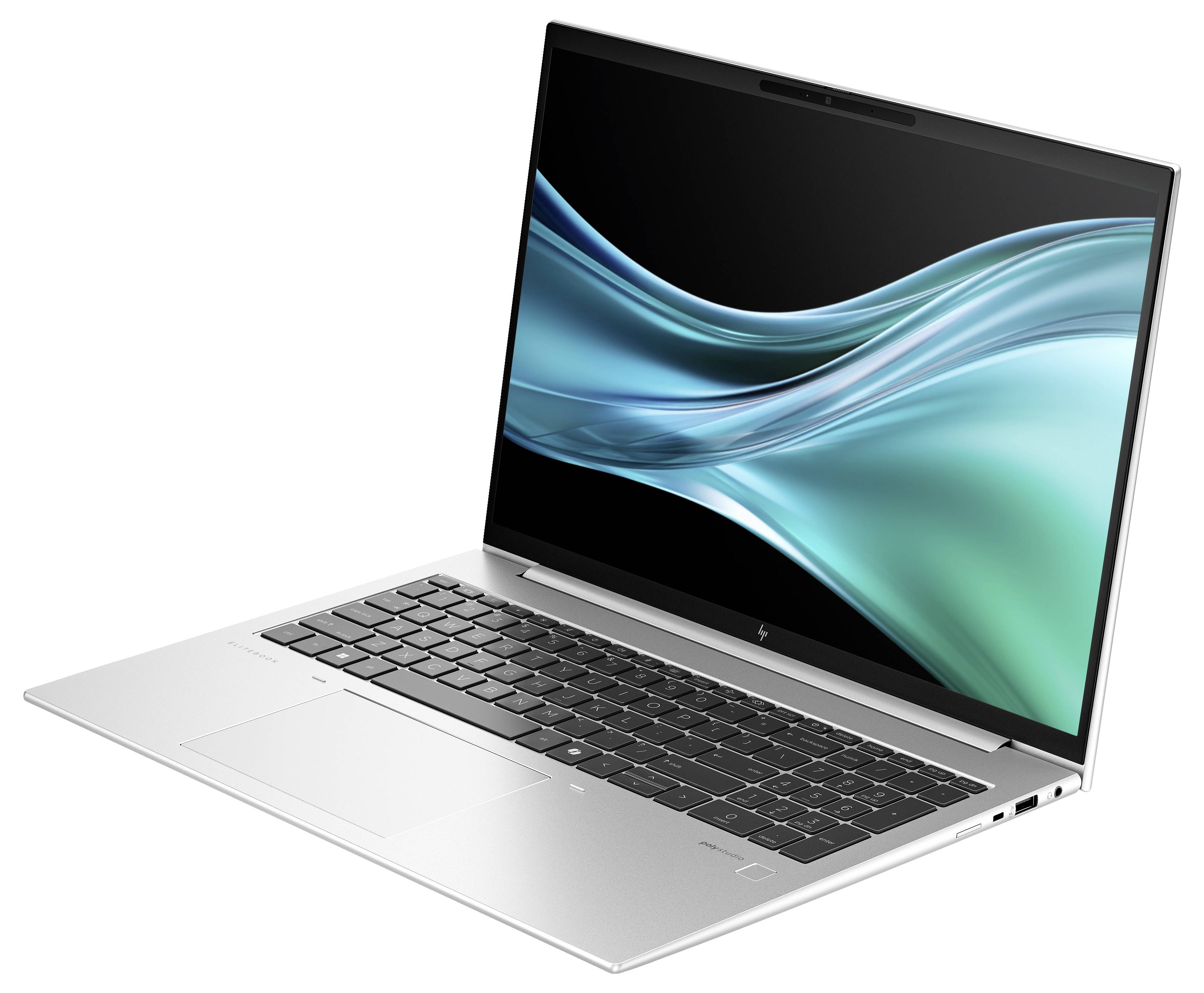 Ein silberner Laptop mit einem geöffneten Display zeigt abstrakte, blaue Wellen auf dem Bildschirm. Das Design wirkt modern und schlank.