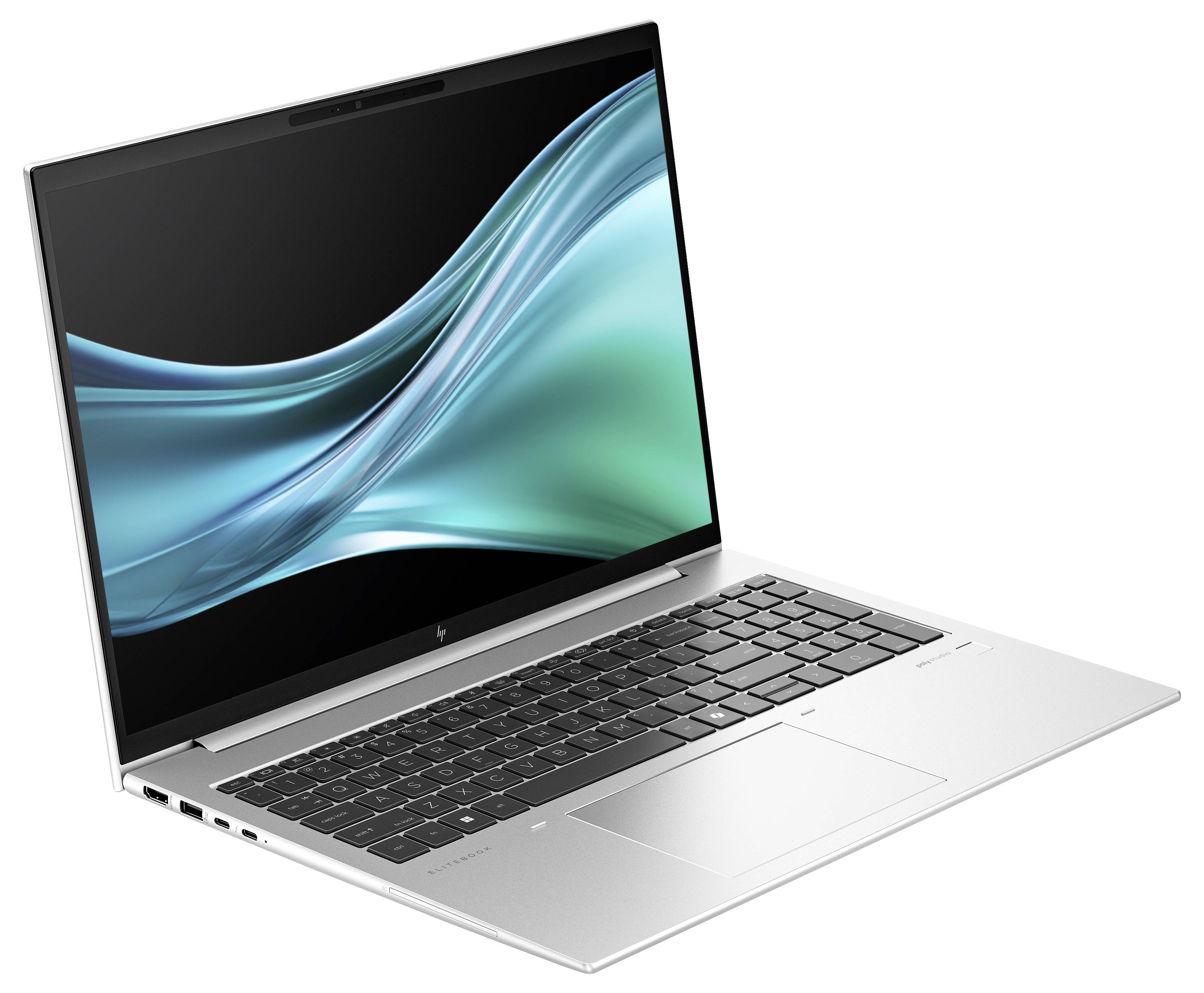 Schlanker, silberner Laptop mit geöffnetem Bildschirm, der einen blau-grünen, wellenförmigen Hintergrund zeigt. Tastatur und Touchpad sichtbar.