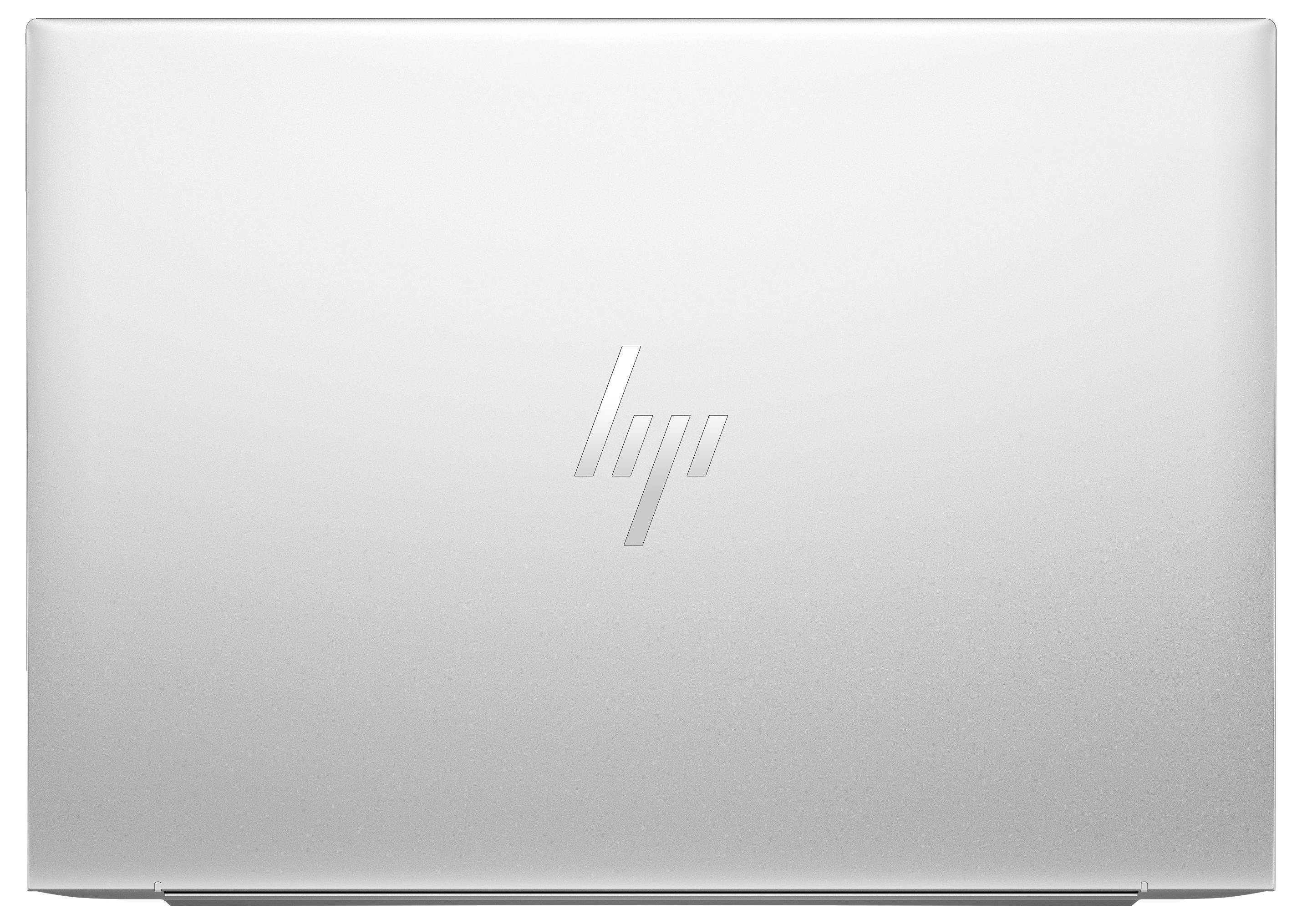 Ein Silber-Laptop von hinten mit einem 'HP'-Logo in der Mitte des Gehäuses.