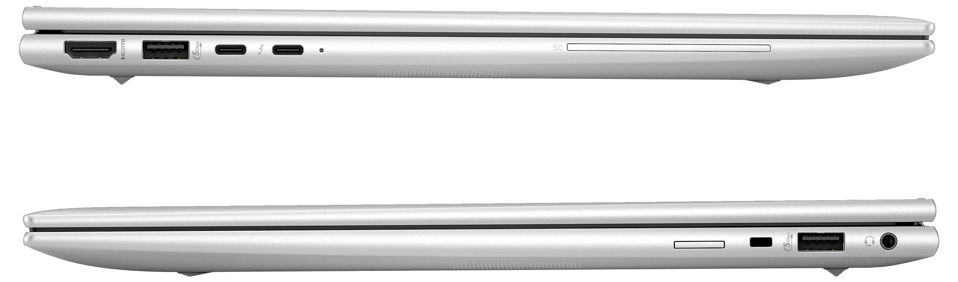Der Laptop zeigt seitlich Anschlüsse wie HDMI, USB und Kopfhörerbuchse, sowie ein schlankes Design in Silber. Oben und unten verglichen.